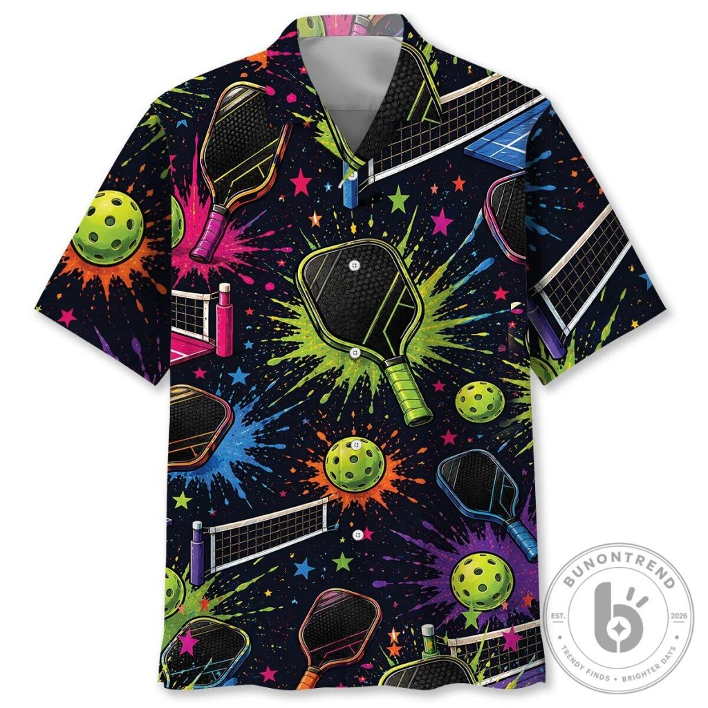 Neon Pickleball Splatter Art Hawaiian Shirt for Men and Women