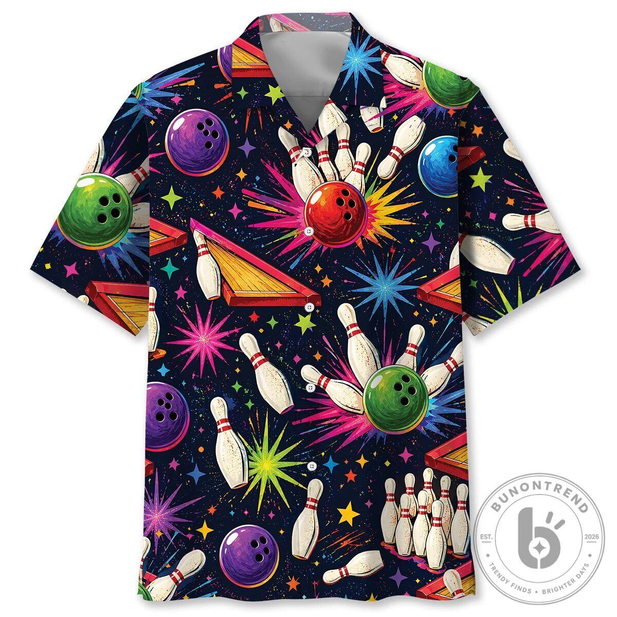 Retro Neon Bowling Strike Pattern Short Sleeve Button Up Hawaiian Shirt