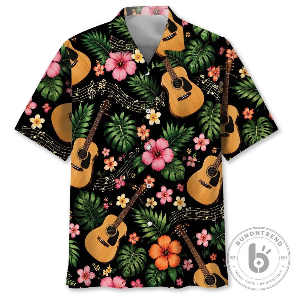 Acoustic Guitar Tropical Floral Hawaiian Shirt with Music Notes