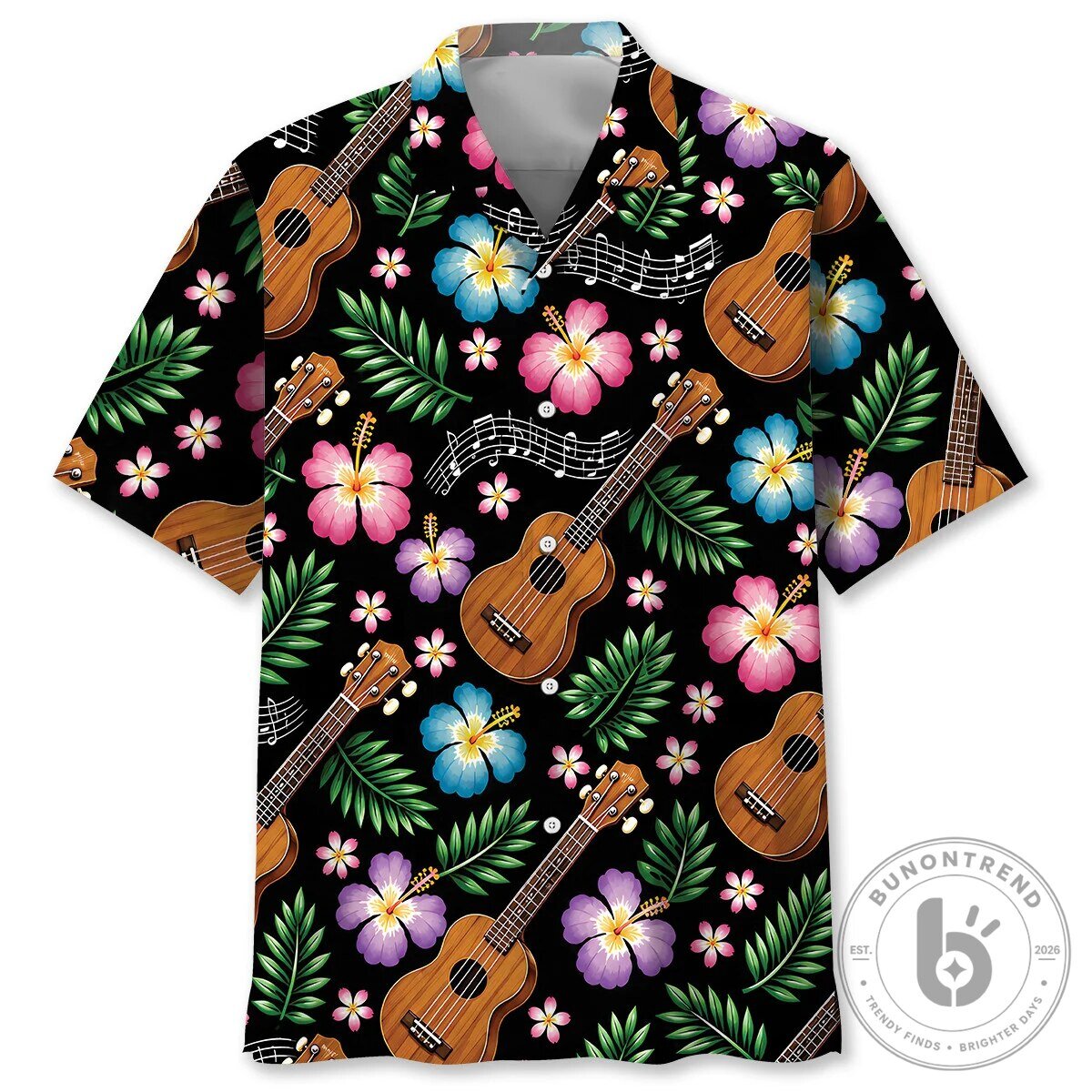 Ukulele Tropical Floral Pattern Hawaiian Shirt for Men and Women