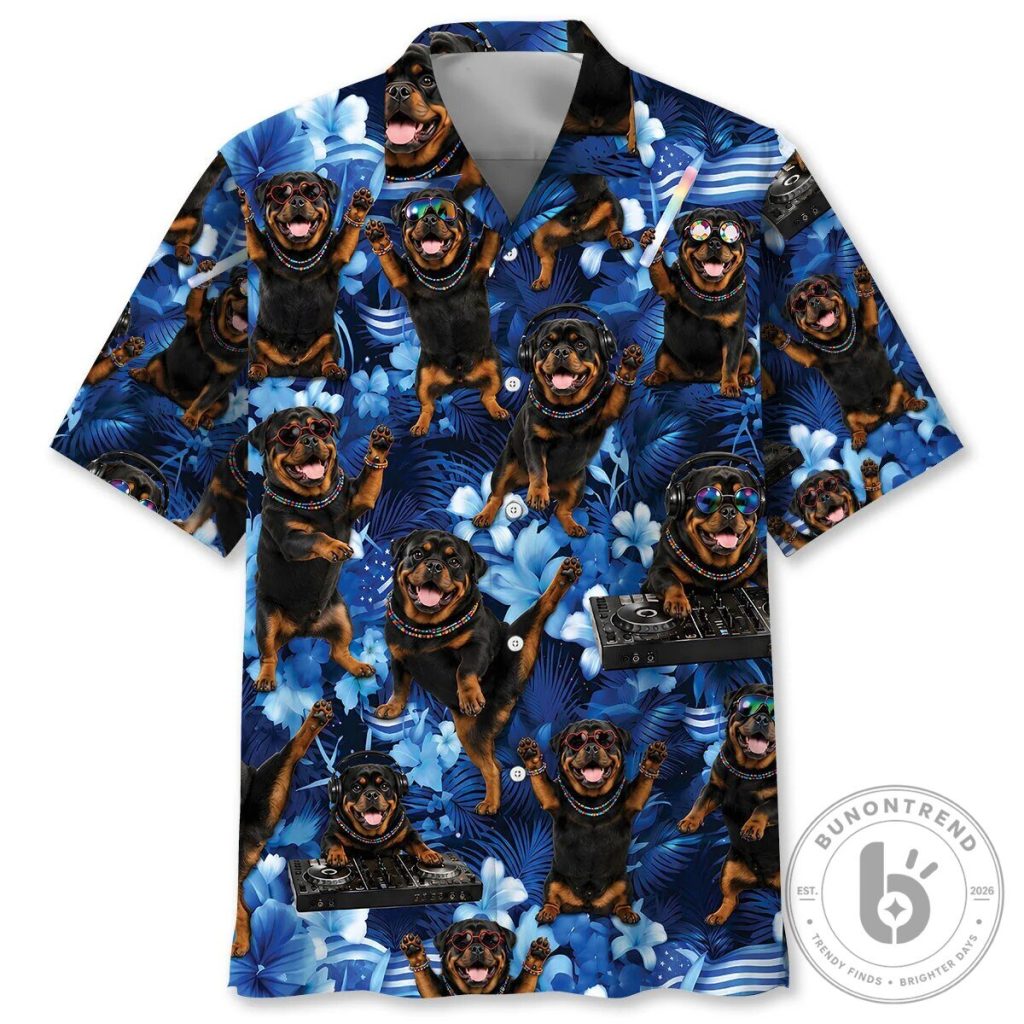 Funny Rottweiler Dog DJ Tropical Blue Floral Hawaiian Shirt