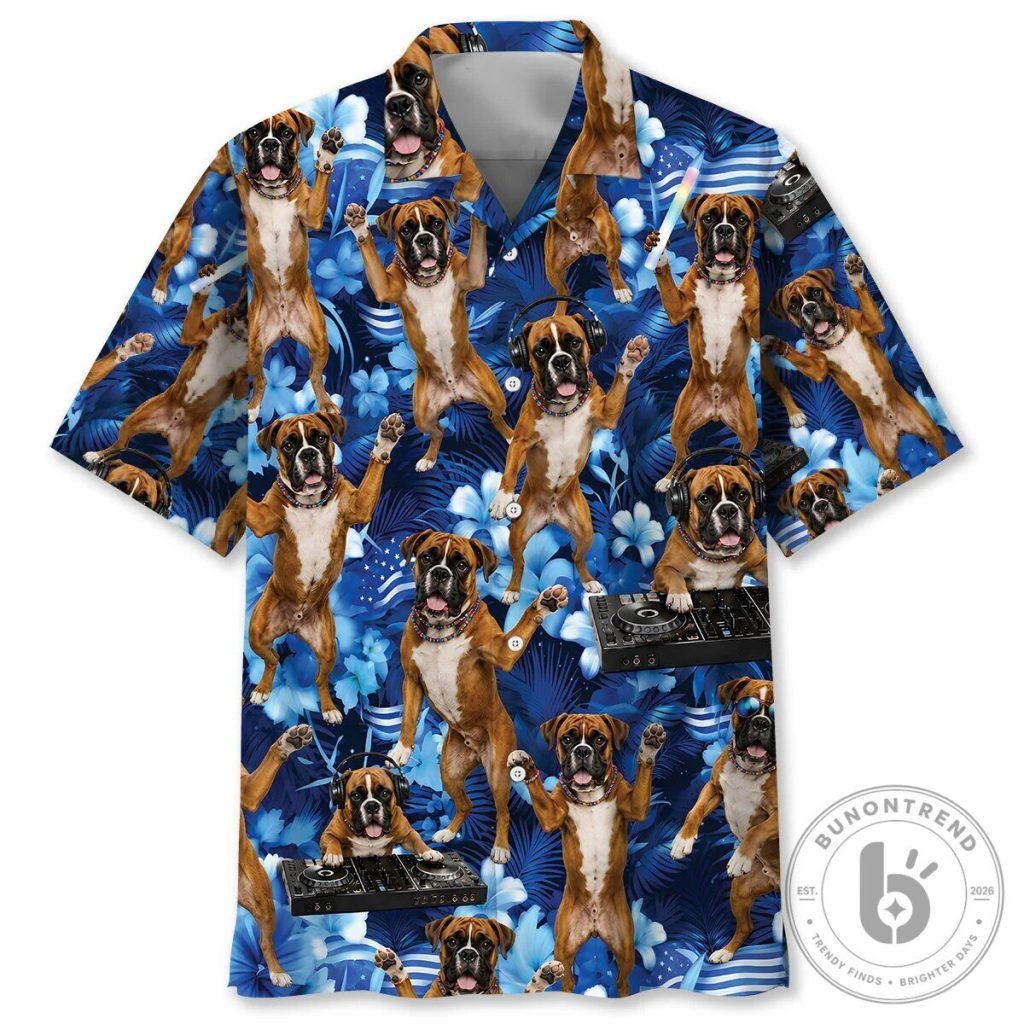 Funny Boxer Dog DJ Party Blue Tropical Hawaiian Shirt for Men Funny Boxer Dog DJ Party Blue Tropical Hawaiian Shirt for Men