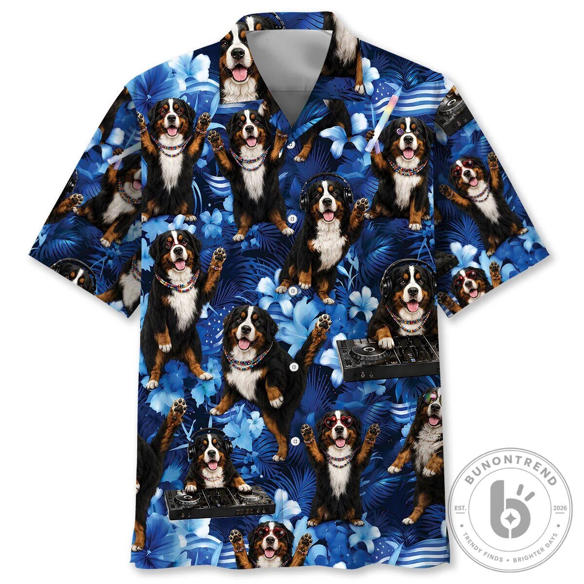 Bernese Mountain Dog DJ Party Blue Hawaiian Shirt