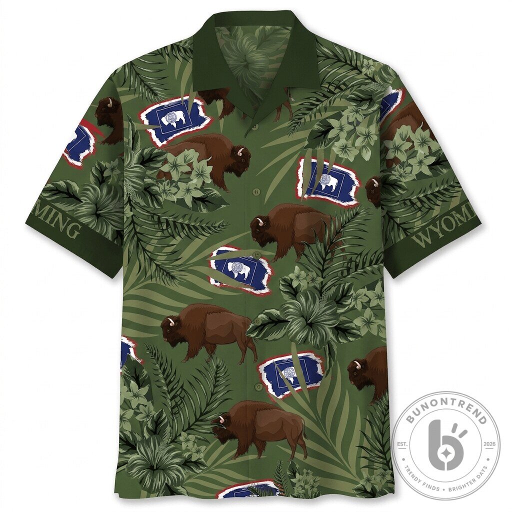 Wyoming State Flag Bison Animal Print Military Green Hawaiian Shirt