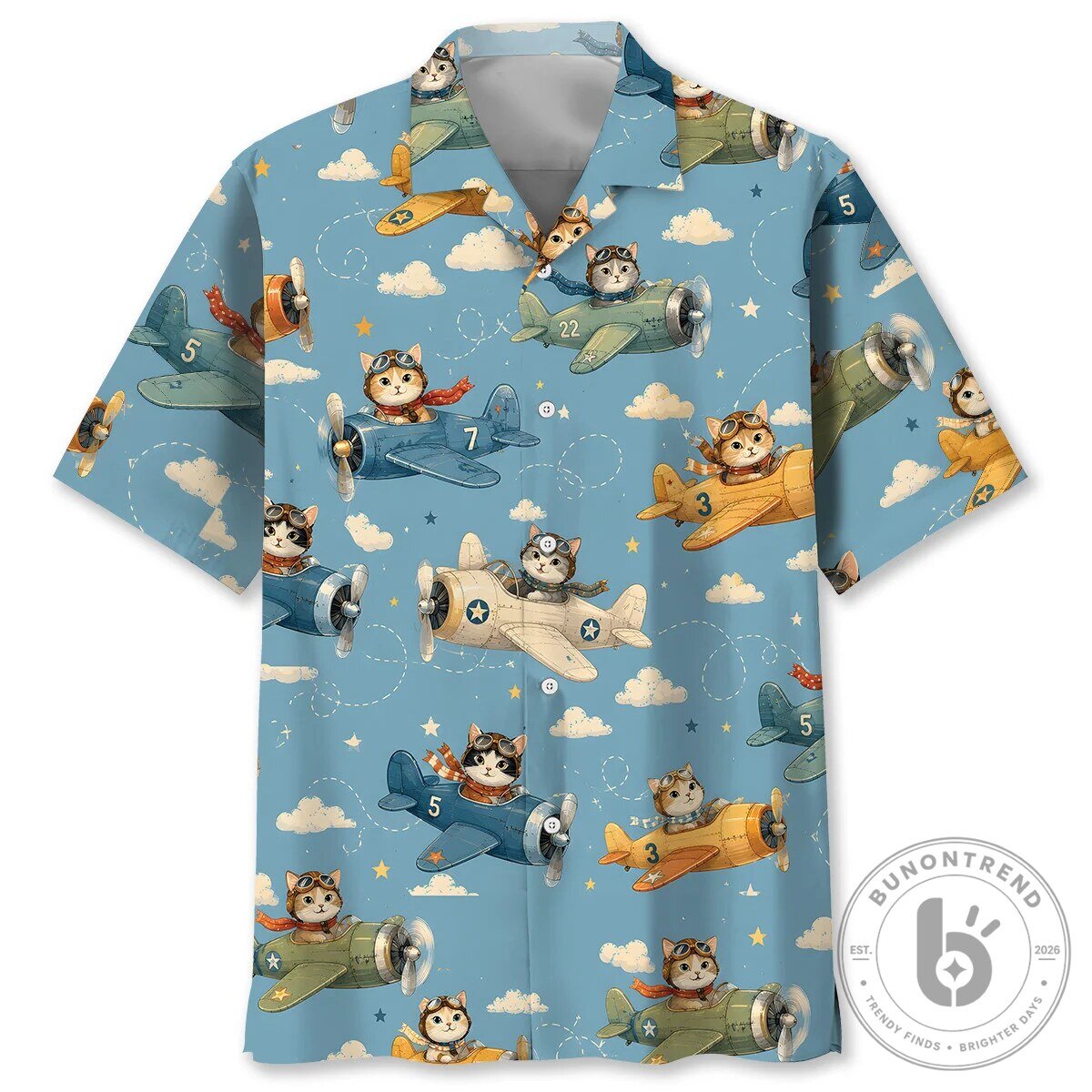 Cute Cat Pilot Airplane Sky Blue Hawaiian Shirt for Men and Women