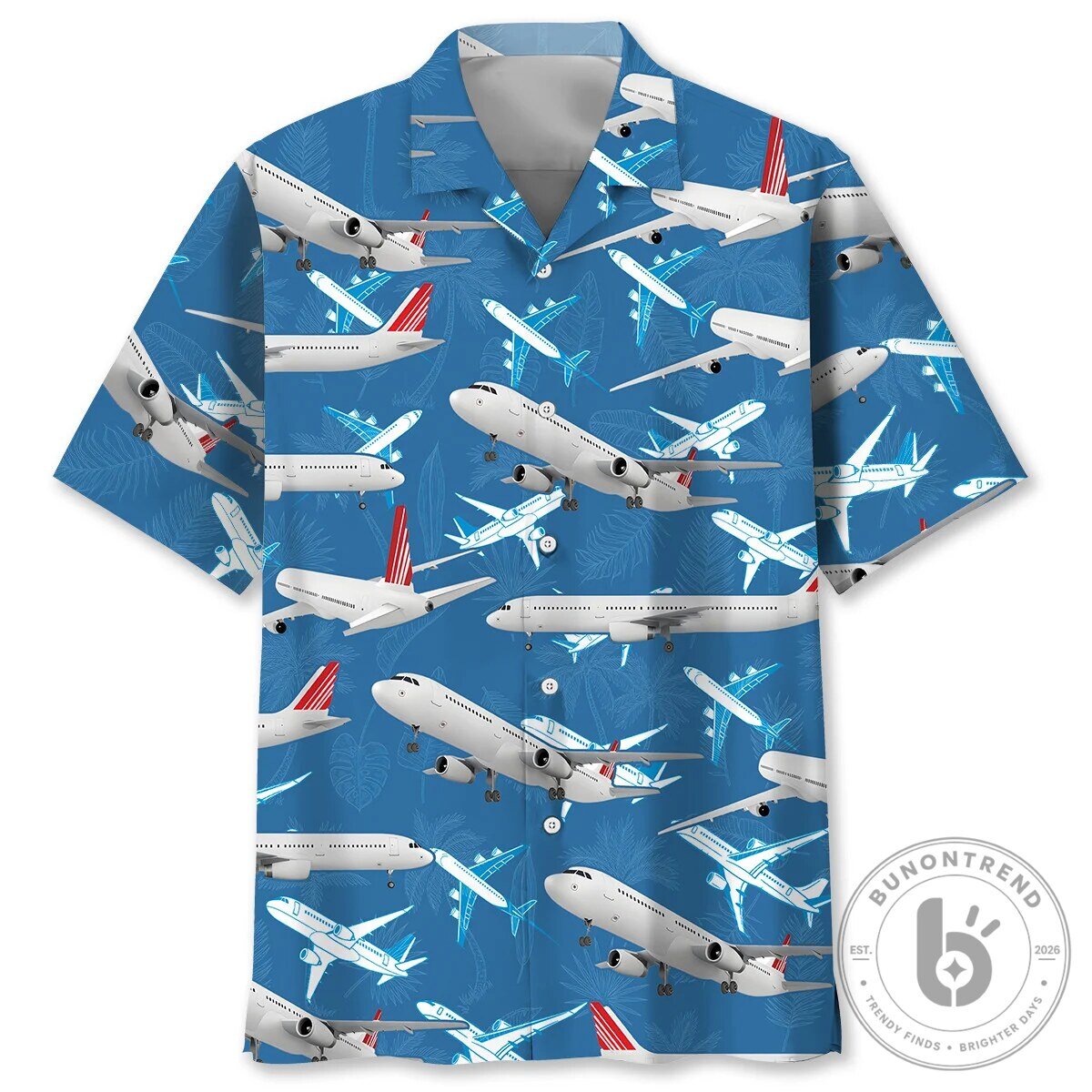 Airplane Aviation Blue Tropical Seamless Hawaiian Shirt