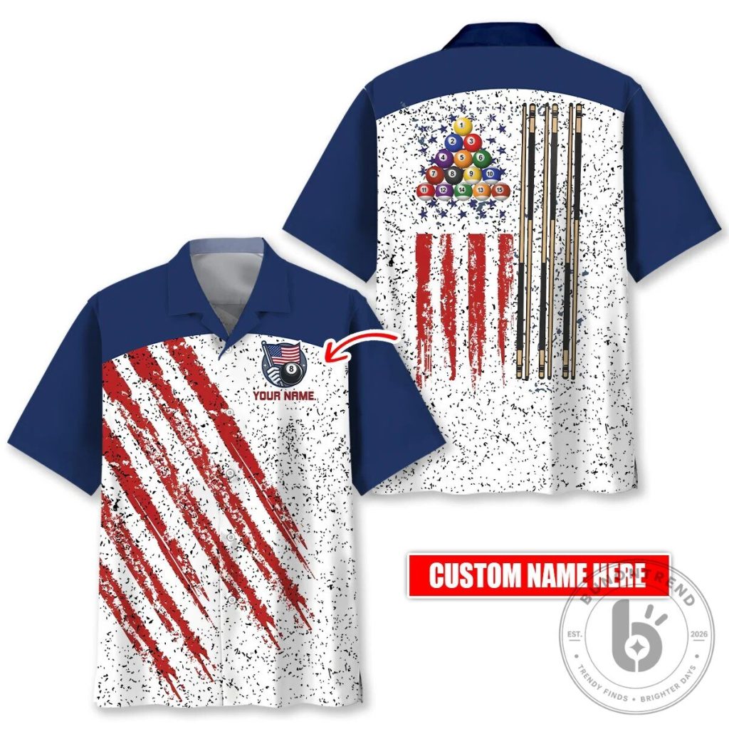 Personalized Billiards Pool Player American Flag Patriotic Hawaiian Shirt