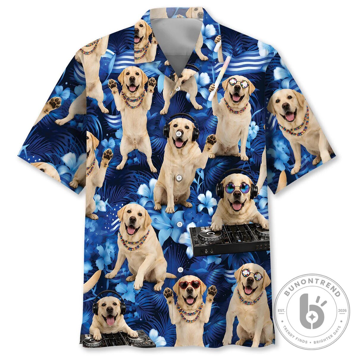 Funny Labrador Retriever Dog DJ Party Blue Hawaiian Shirt
