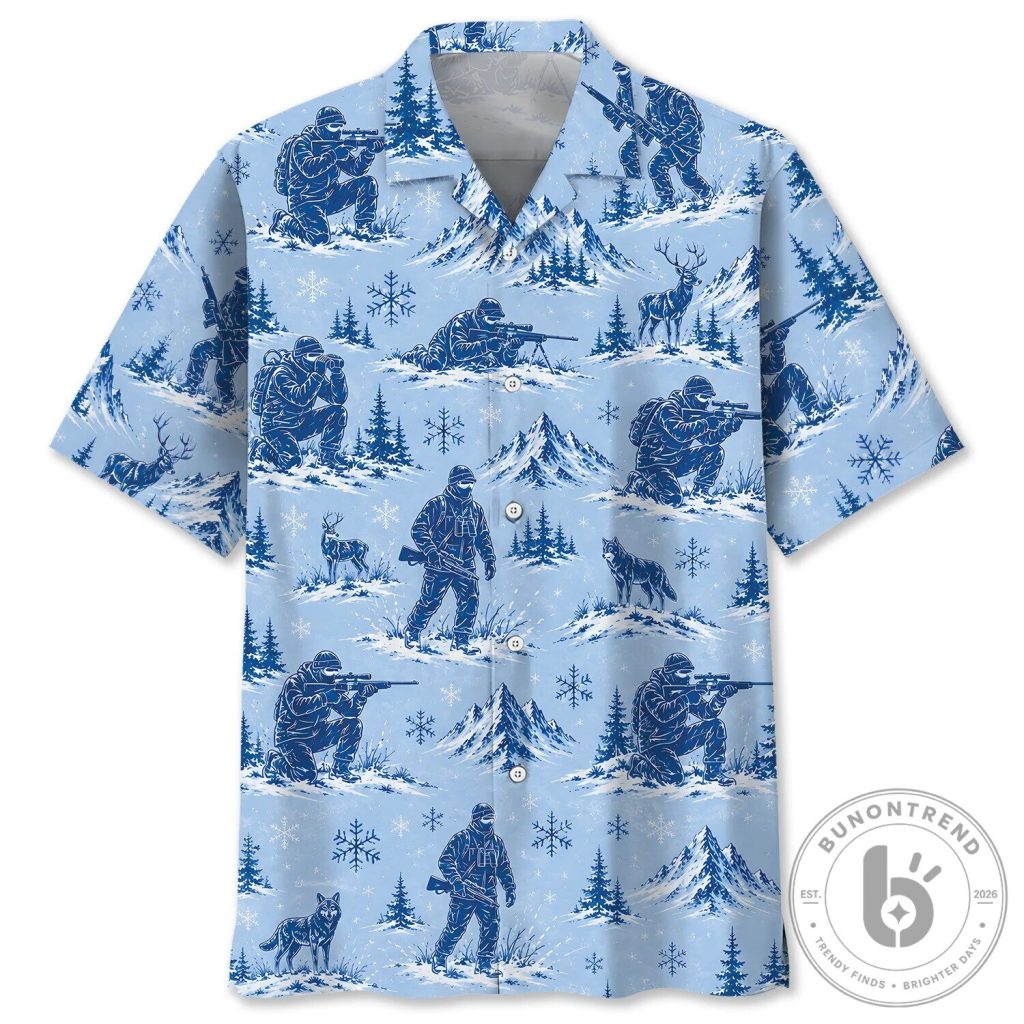 Winter Hunting Snow Mountains Blue Hawaiian Shirt for Men