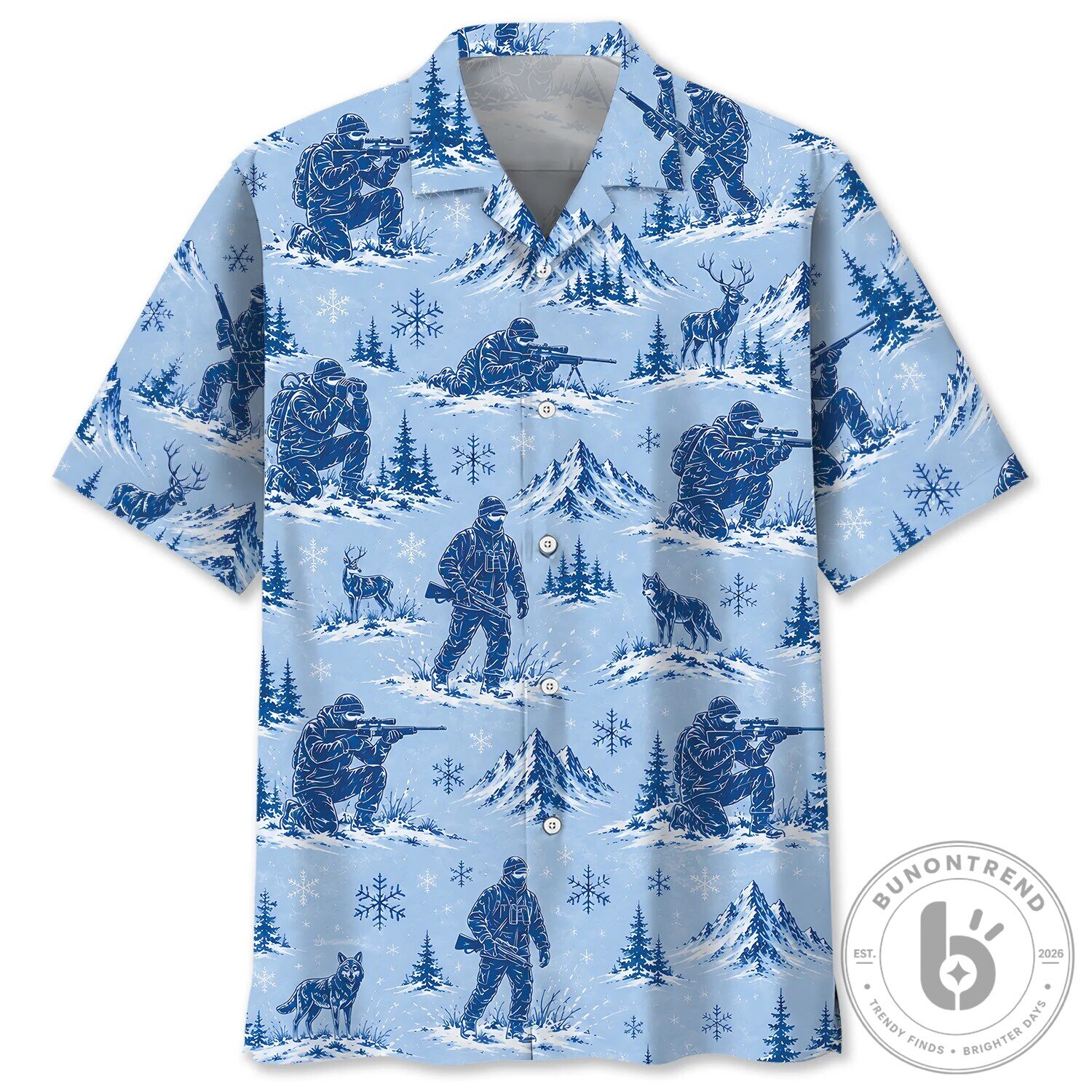 Winter Hunting Snow Mountains Blue Hawaiian Shirt for Men