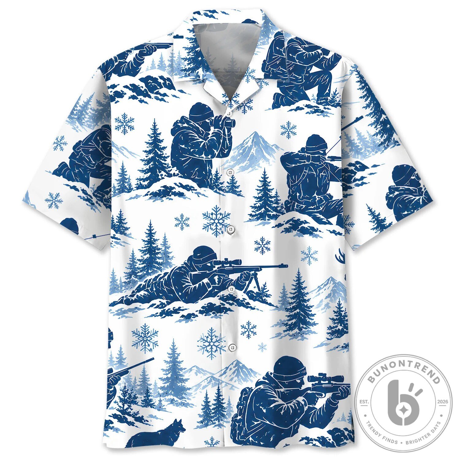 Men's Hawaiian Shirt in Blue with Winter Mountain Snowflakes Design