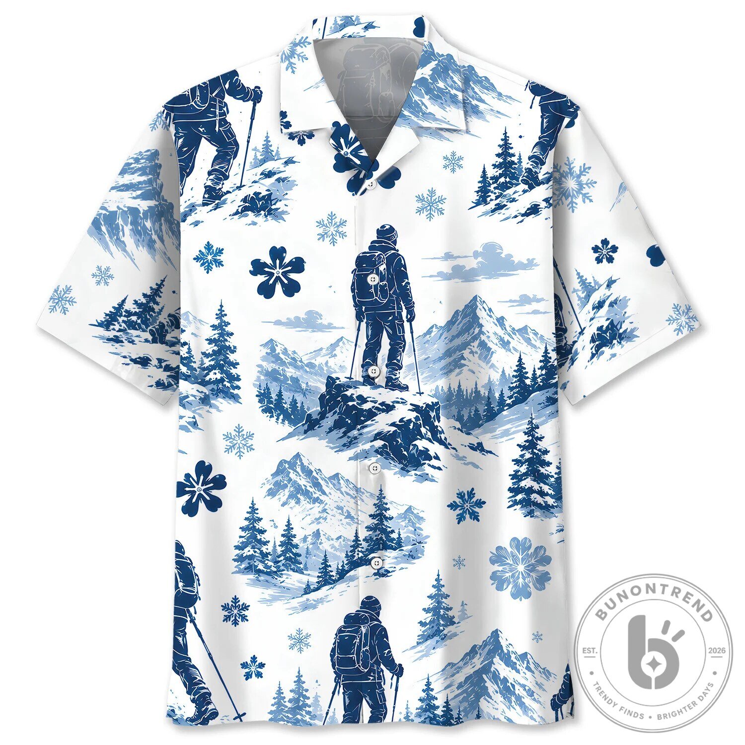 Mountain Blue Hawaiian Shirt with Winter Hiking Snowflakes Design