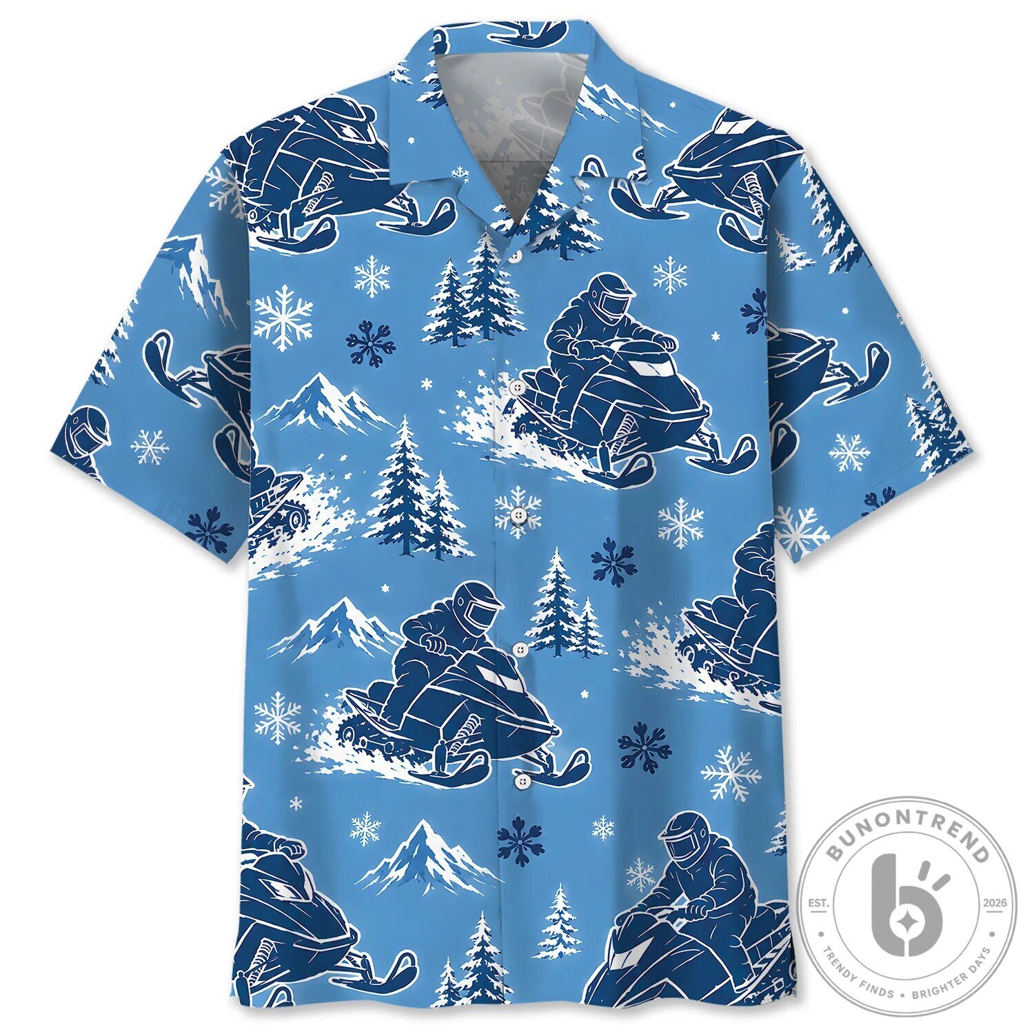 Snowmobiling Winter Snow Mountains Blue Hawaiian Shirt
