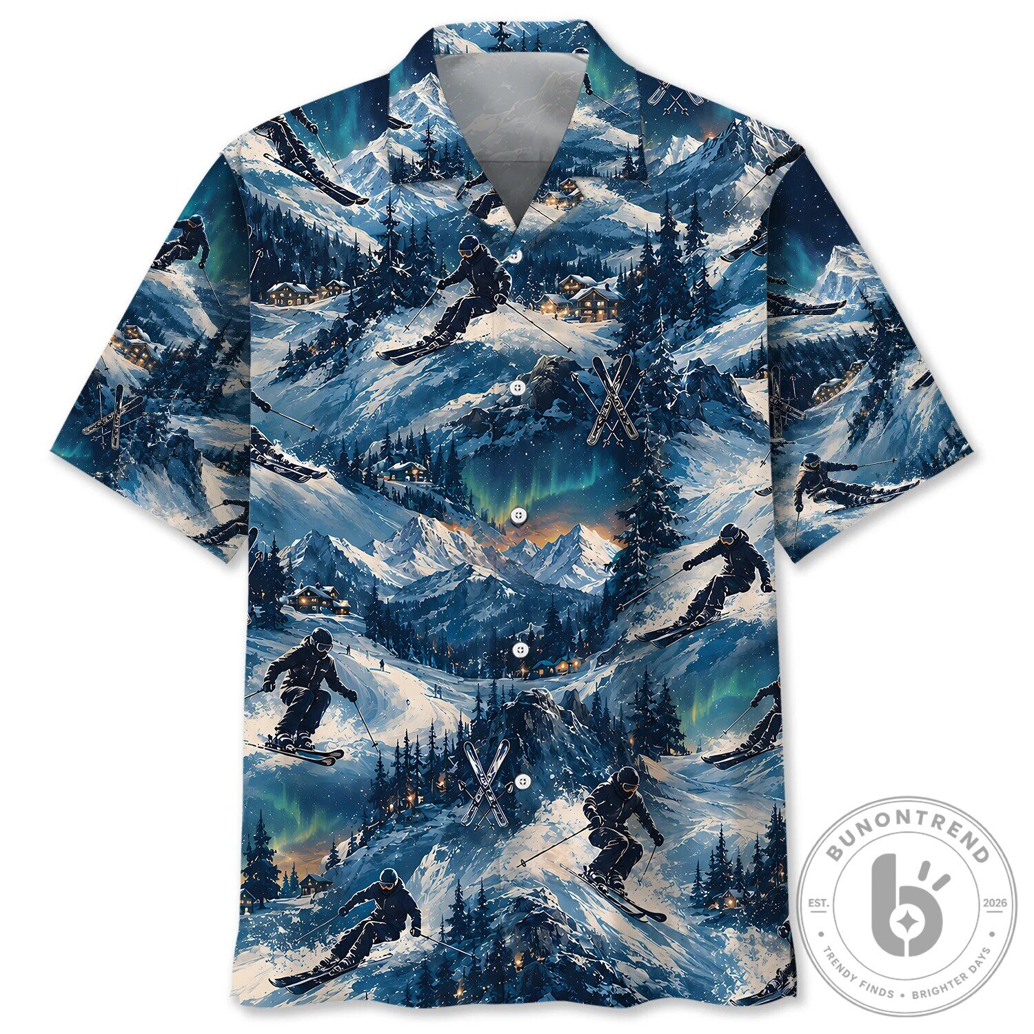 Skiing Mountain Aurora Borealis Winter Landscape Hawaiian Shirt