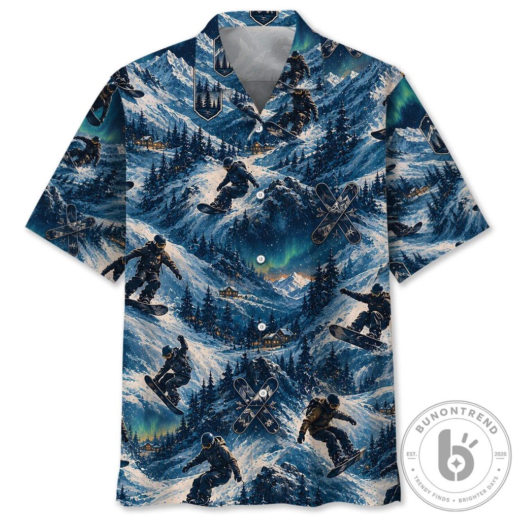 Snowboarding Mountain Aurora Borealis Hawaiian Shirt Snowboarding Mountain Aurora Borealis Hawaiian Shirt