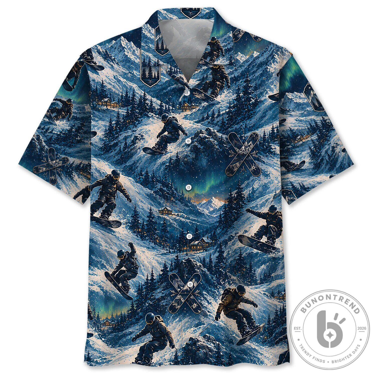Snowboarding Mountain Aurora Borealis Hawaiian Shirt
