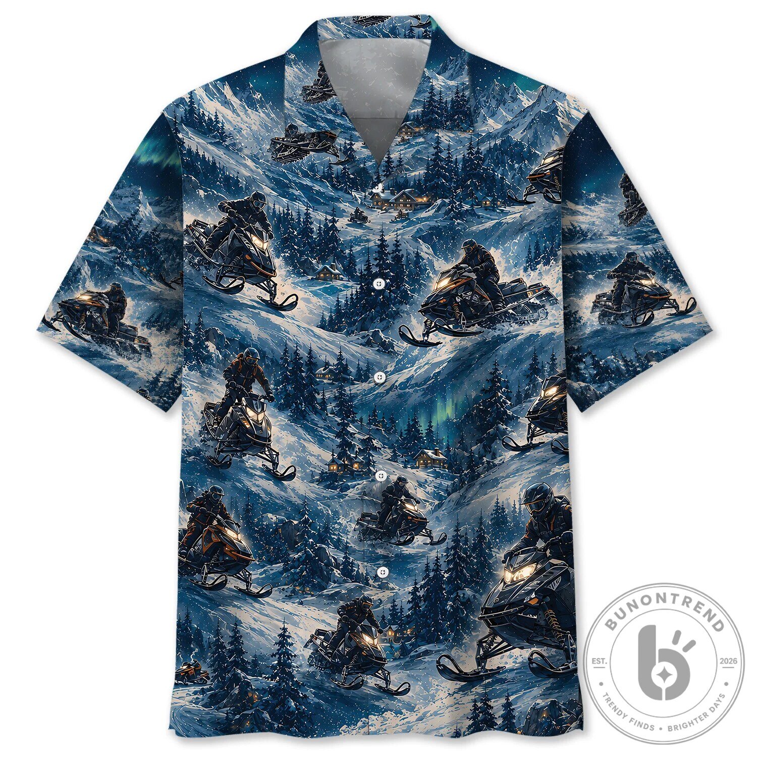 Snowmobile Winter Mountain Aurora Borealis Hawaiian Shirt