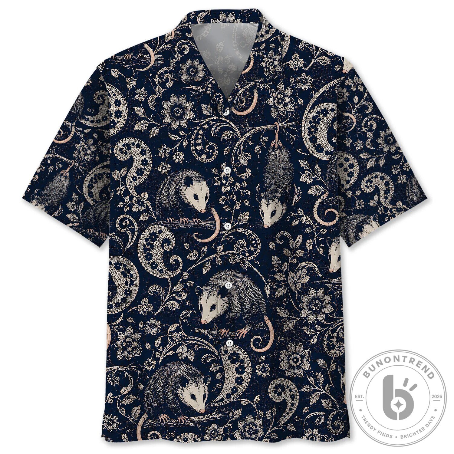 Opossum Botanical Pattern Dark Blue Hawaiian Shirt for Men and Women