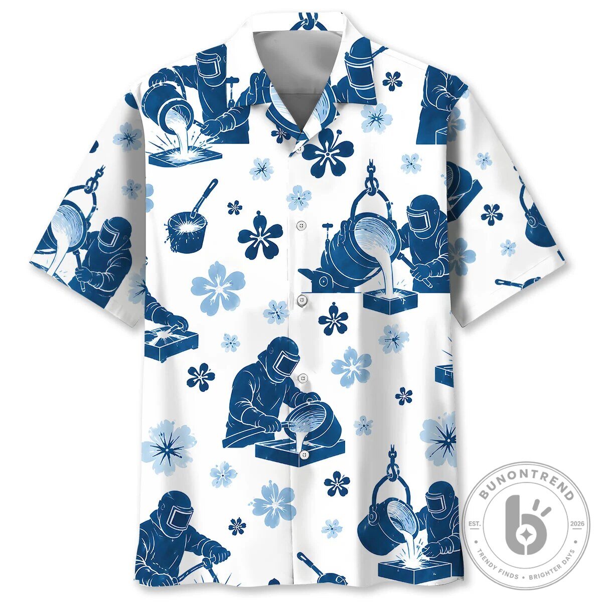 Welder Foundry Industry Blue Hibiscus Hawaiian Shirt