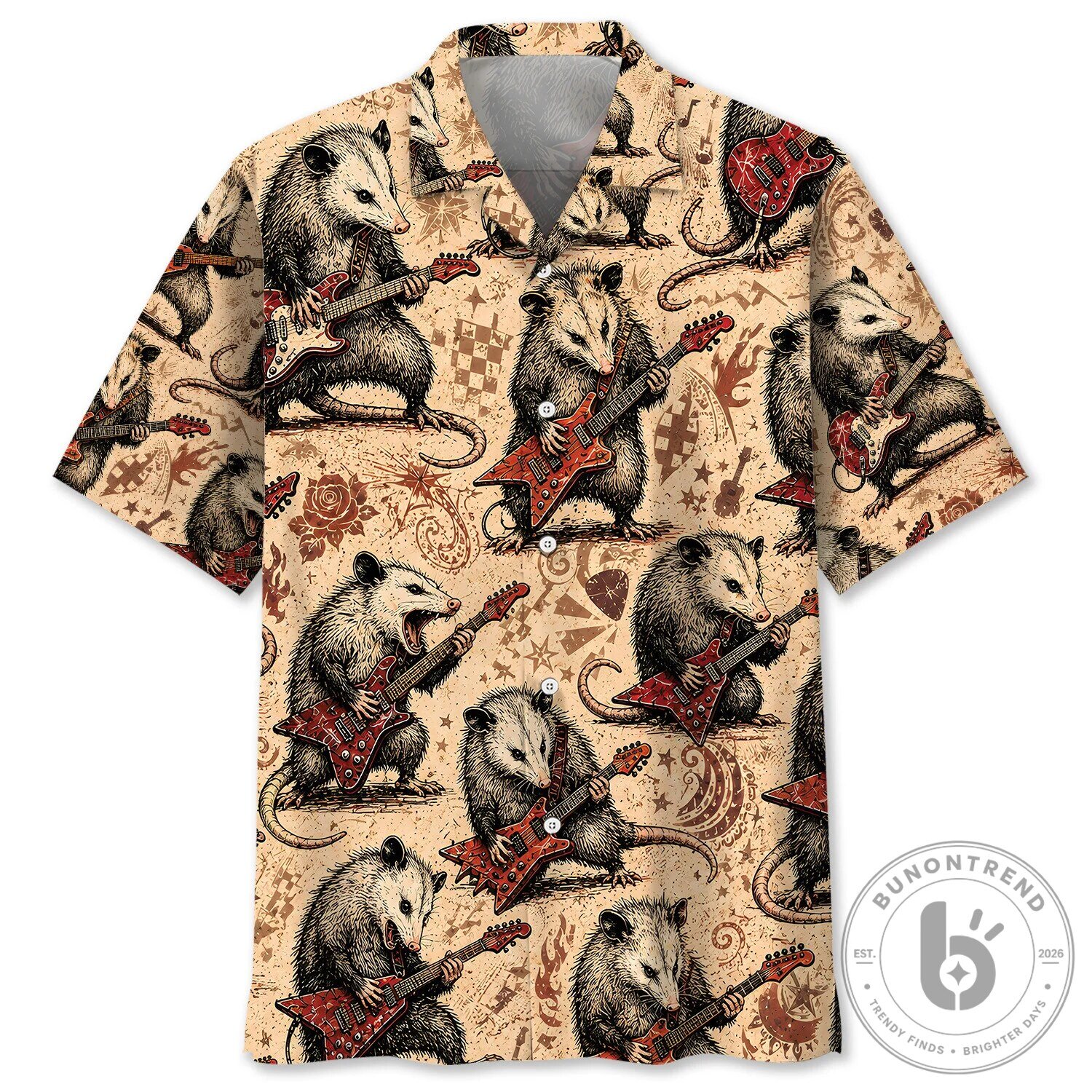 Rock and Roll Opossum Playing Guitar Music Hawaiian Shirt