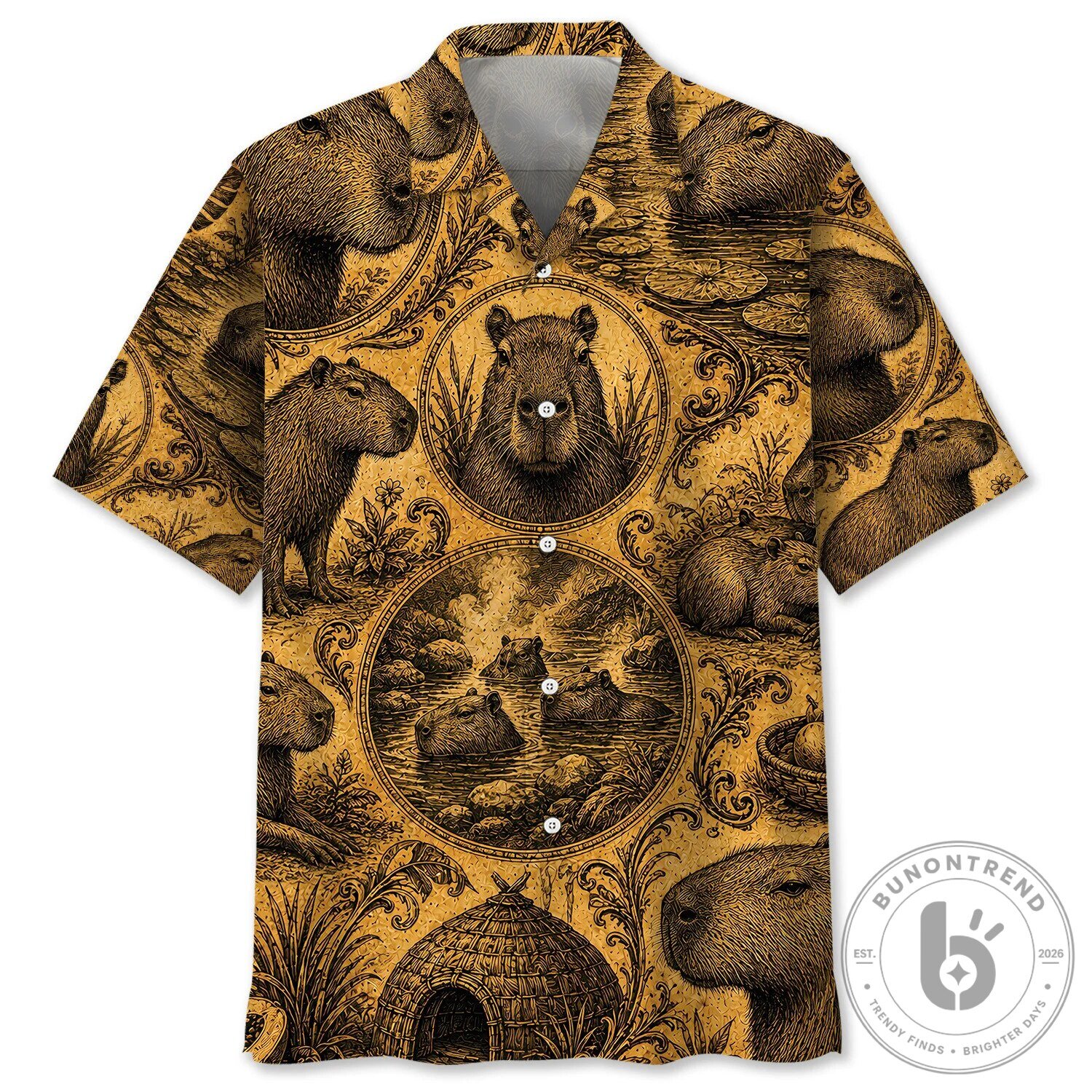 Vintage Capybara Engraving Art Hawaiian Shirt