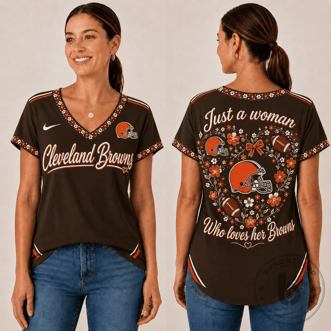 Cleveland Browns Women's V-Neck T-Shirt - Just a Woman Who Loves Her Browns