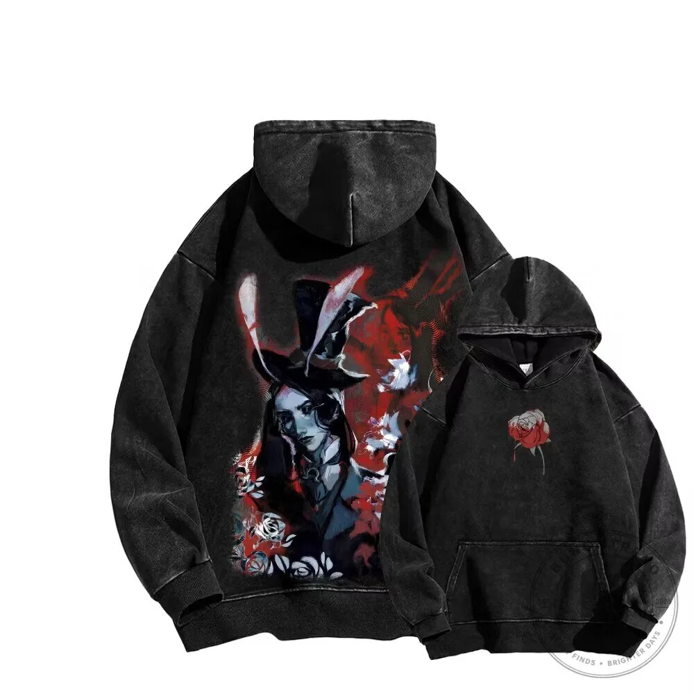 Alice in Wonderland Mad Hatter Rose Graphic Washed Black Hoodie