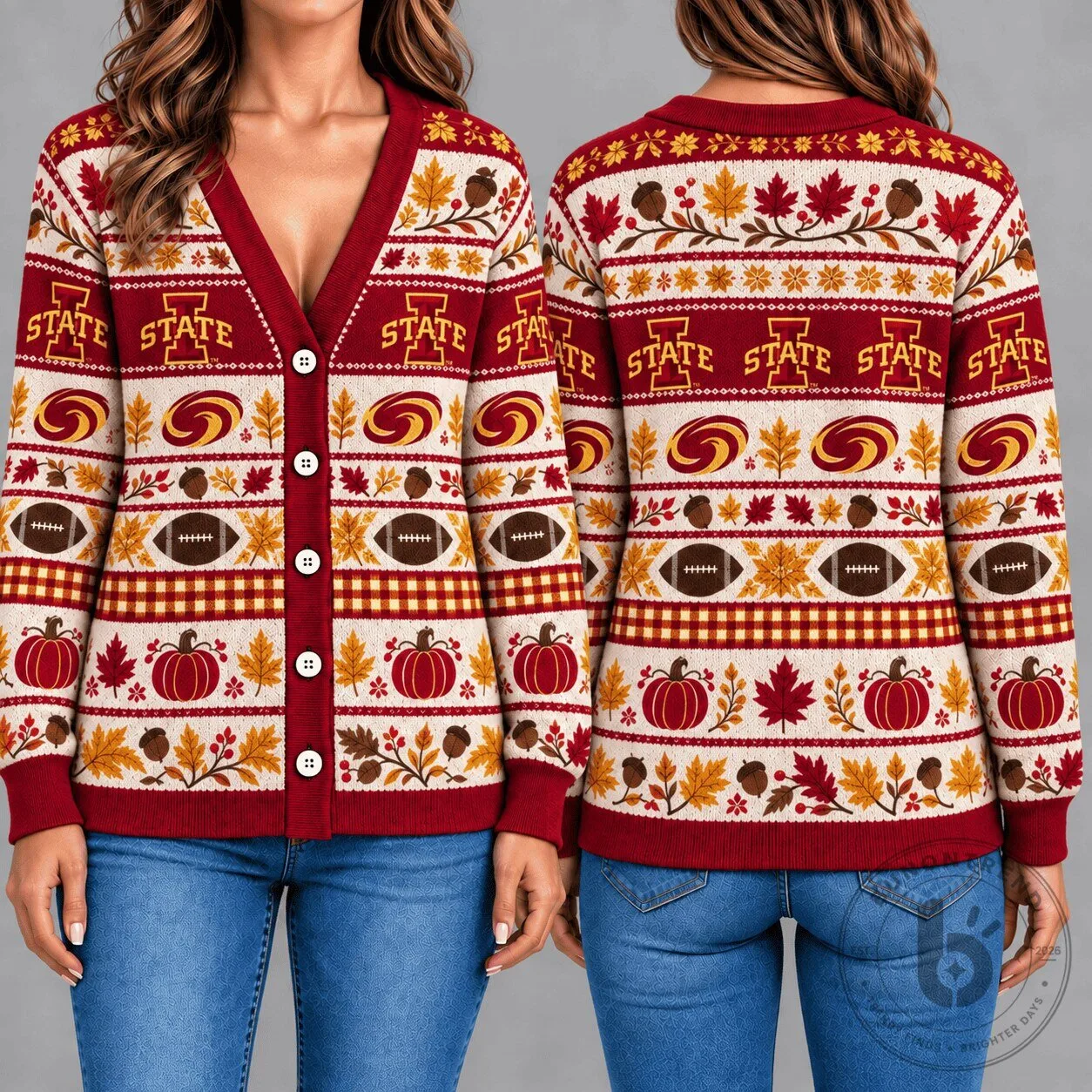 Iowa State Cyclones Autumn Leaves Football Pattern Knitted Cardigan