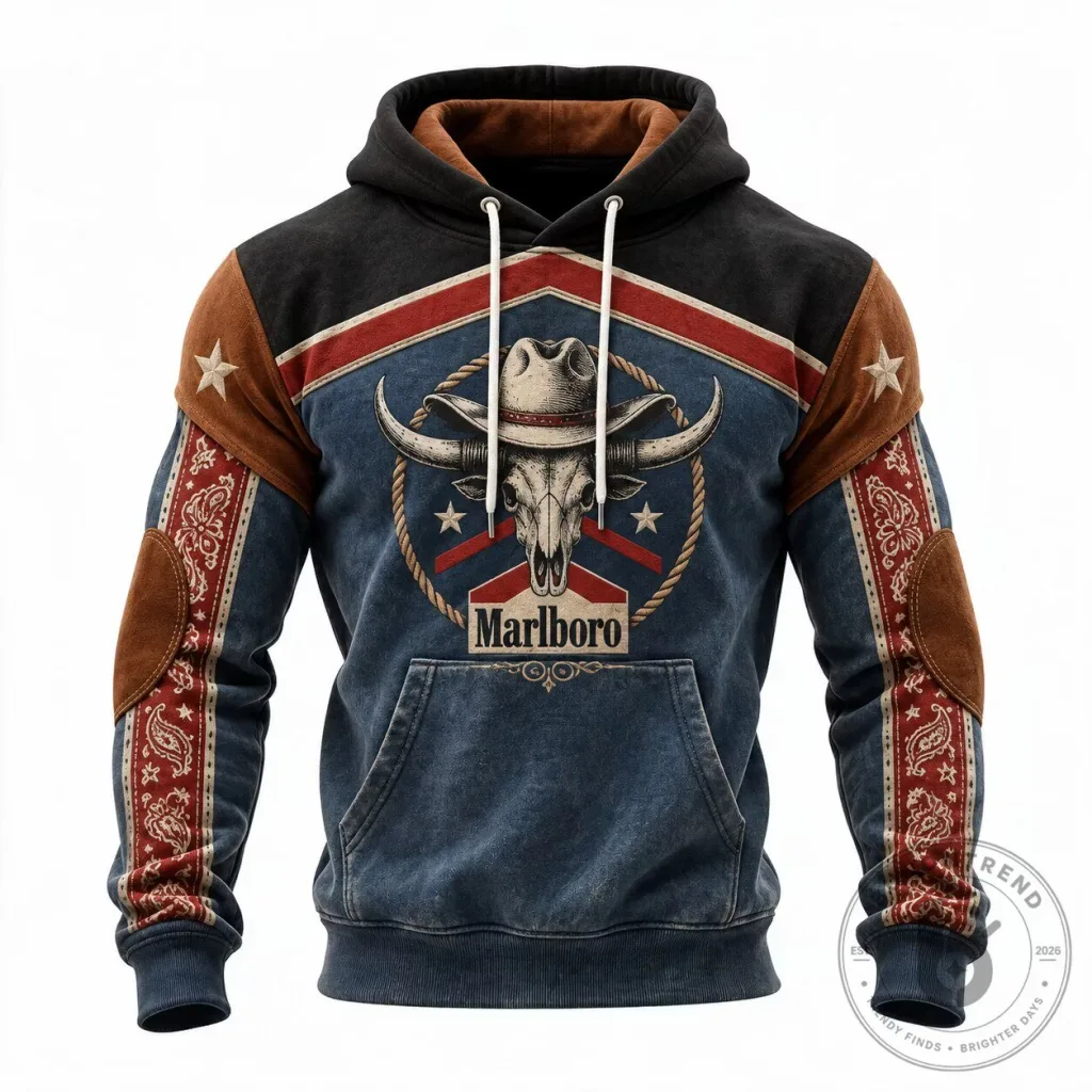 Marlboro Western Cowboy Skull Bull Horns Rodeo Style Hoodie Marlboro Western Cowboy Skull Bull Horns Rodeo Style Hoodie