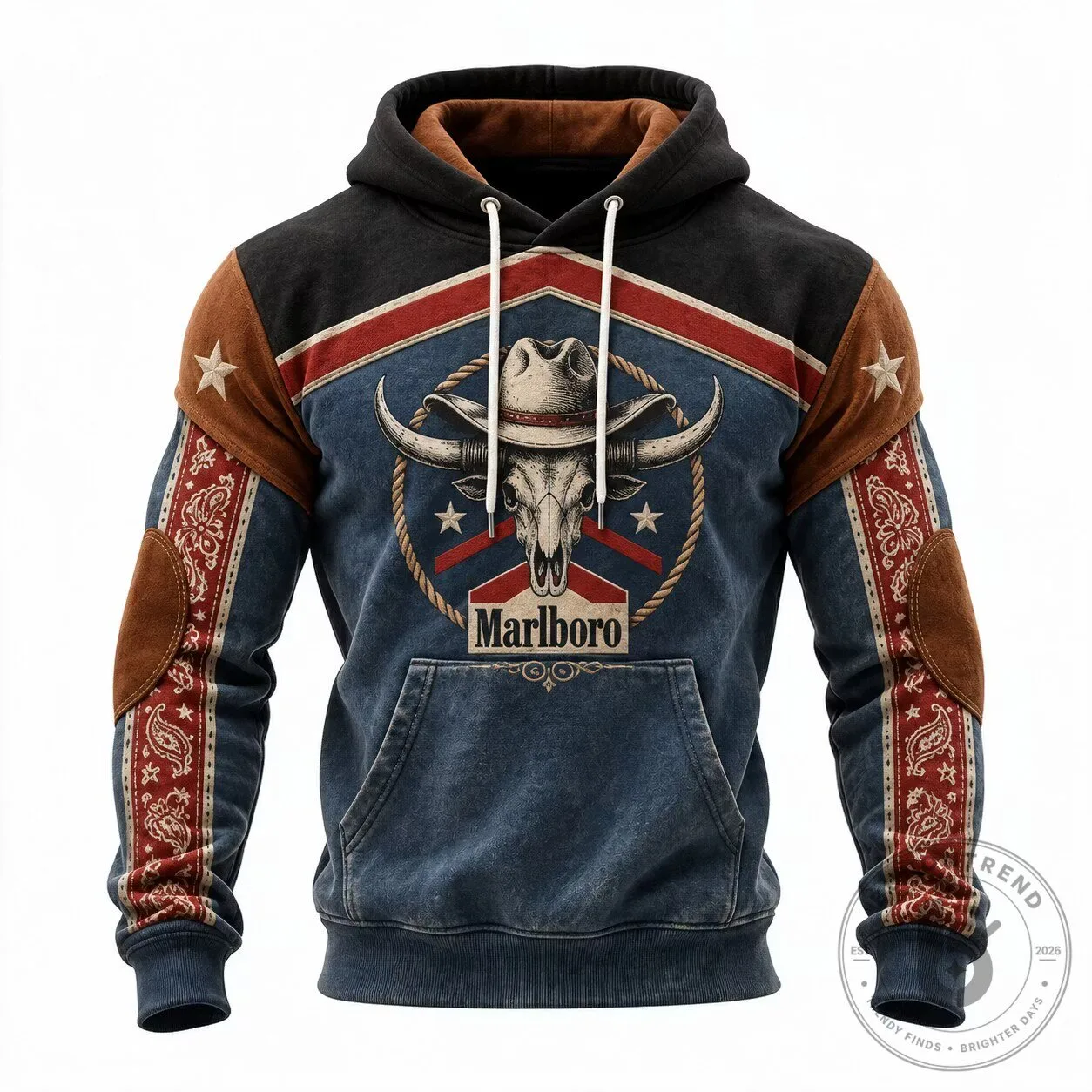 Marlboro Western Cowboy Skull Bull Horns Rodeo Style Hoodie