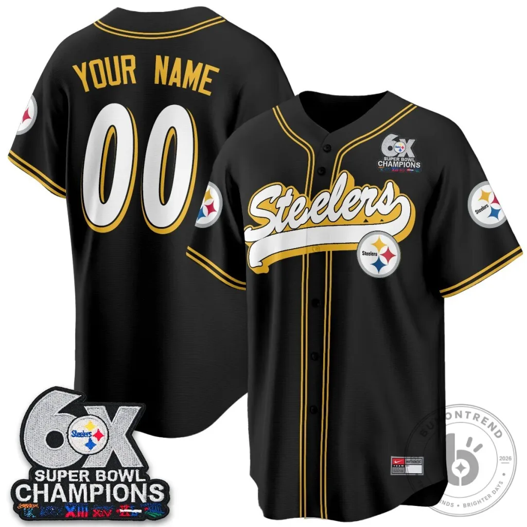 Pittsburgh Steelers Six-Time Super Bowl Champions Custom Baseball Jersey Pittsburgh Steelers Six-Time Super Bowl Champions Custom Baseball Jersey