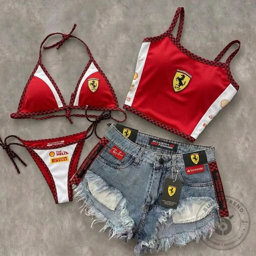 Scuderia Ferrari Racing Team Bikini Top Tank Top and Denim Shorts Set