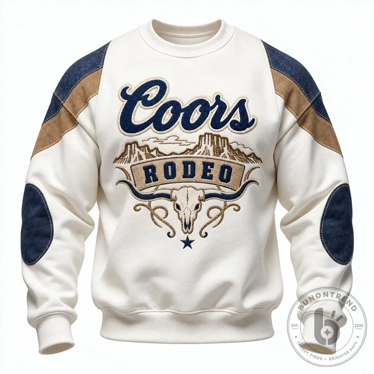 Coors Rodeo Western Bull Skull Embroidered Cream Long-Sleeve Sweatshirt