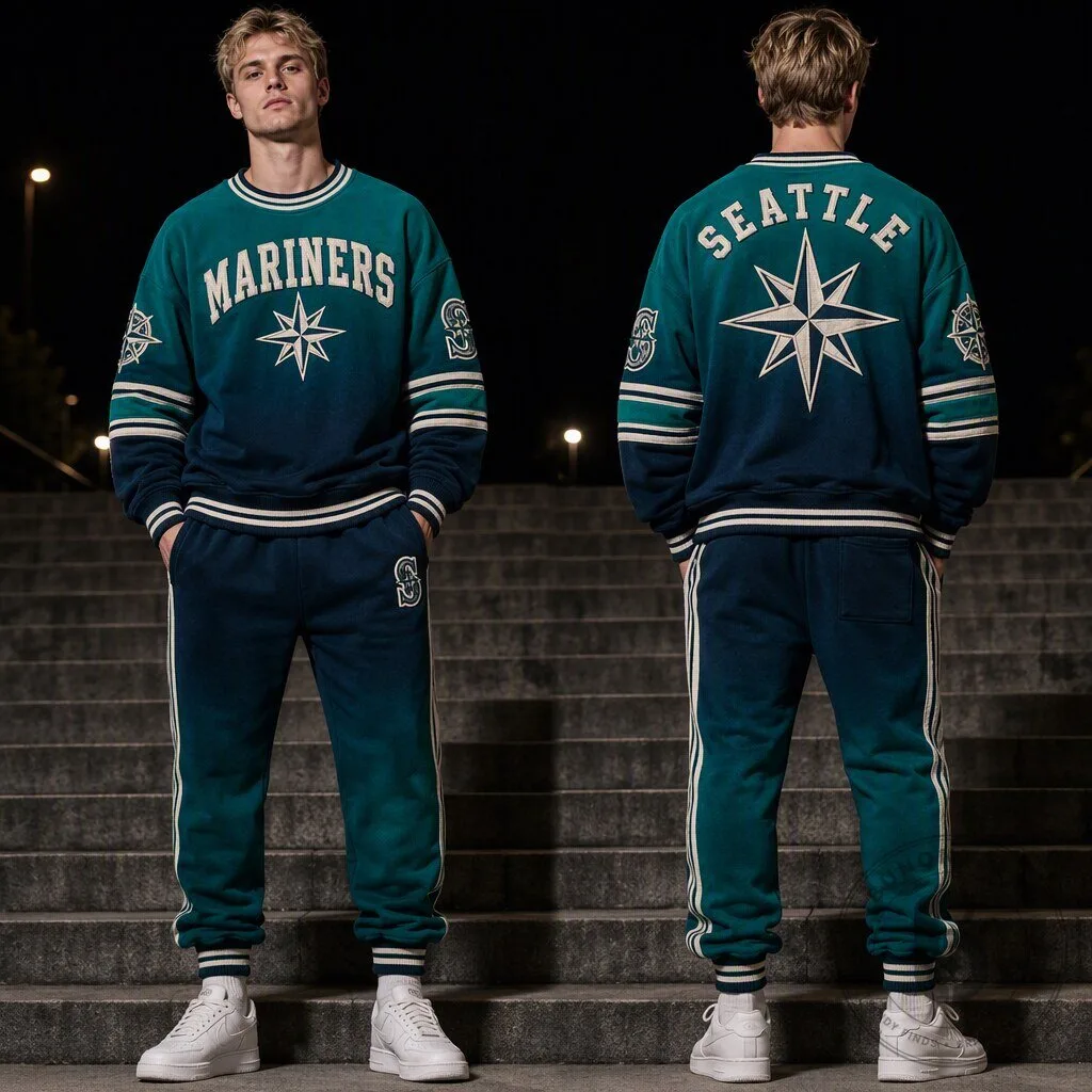 Seattle Mariners Gradient Teal and Navy Blue Crewneck Sweatshirt and Jogger Pants Set