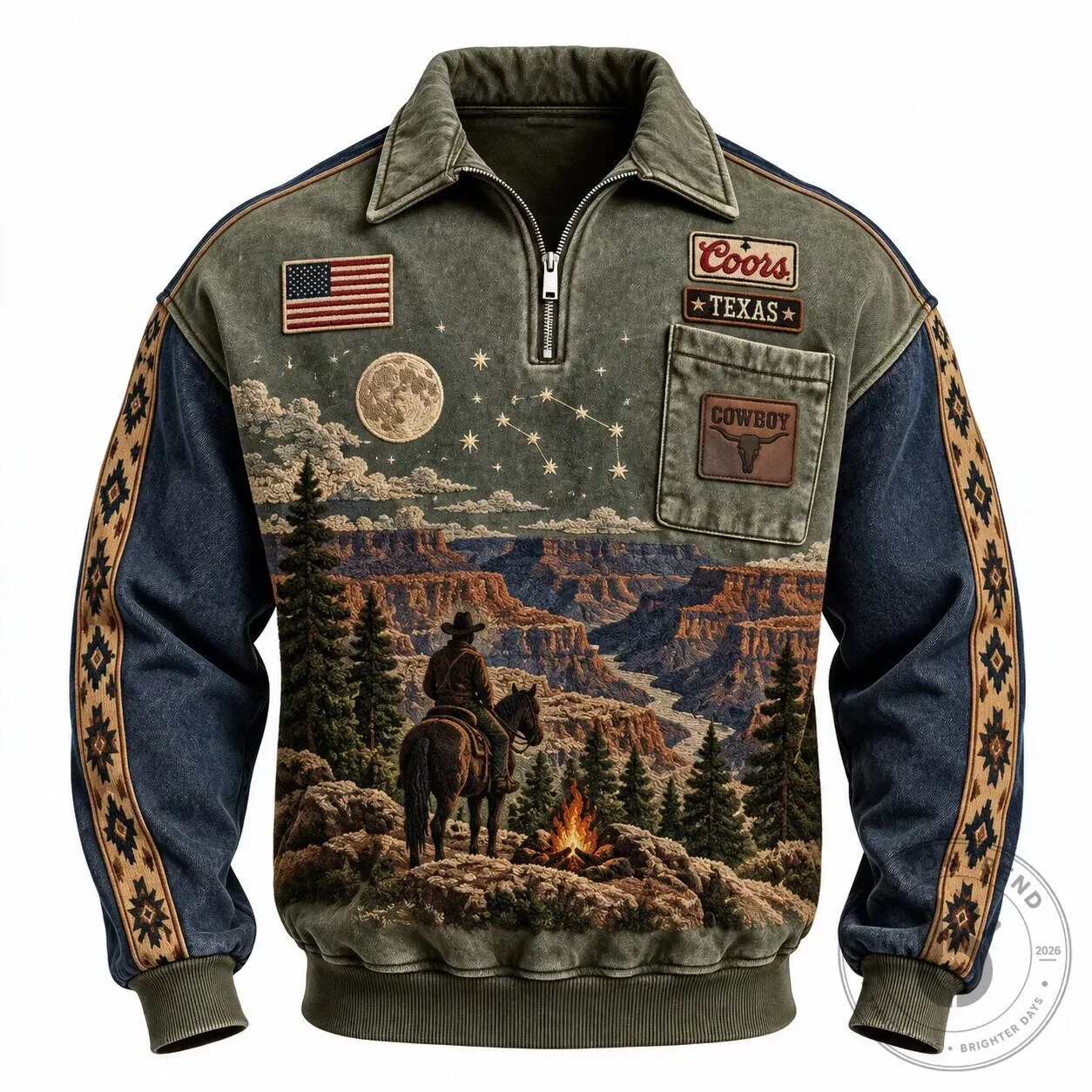 Western Cowboy Grand Canyon Moonlit Night Half-Zip Long-Sleeve Sweatshirt