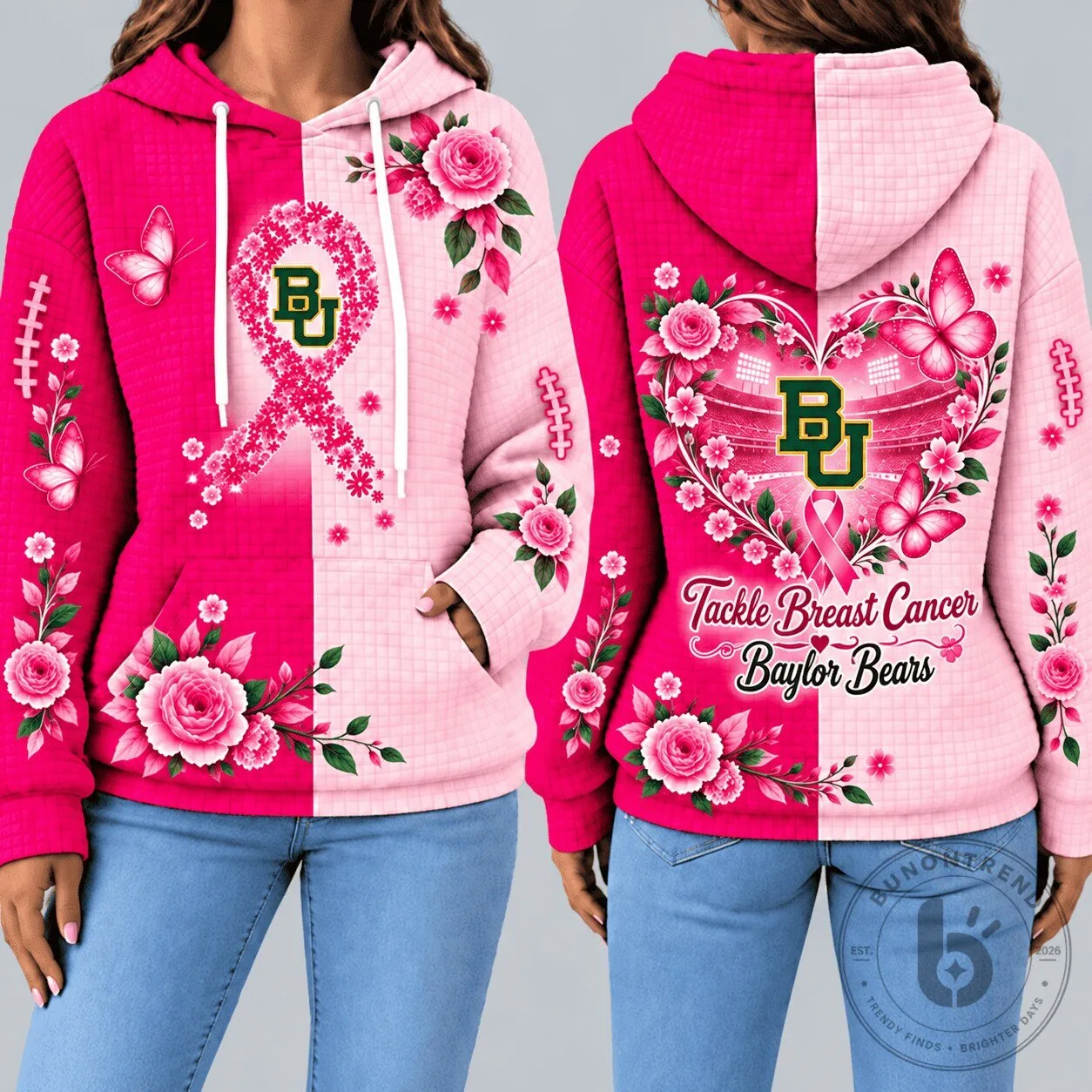 Baylor Bears Pink Ribbon Breast Cancer Awareness Football Fan Hoodie