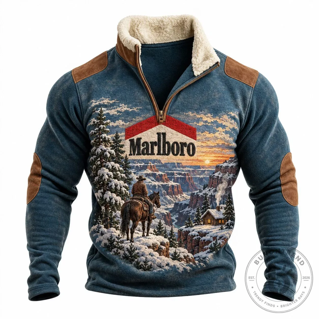 Marlboro Country Winter Landscape Cowboy Faux Fur Trim Half-Zip Sweatshirt