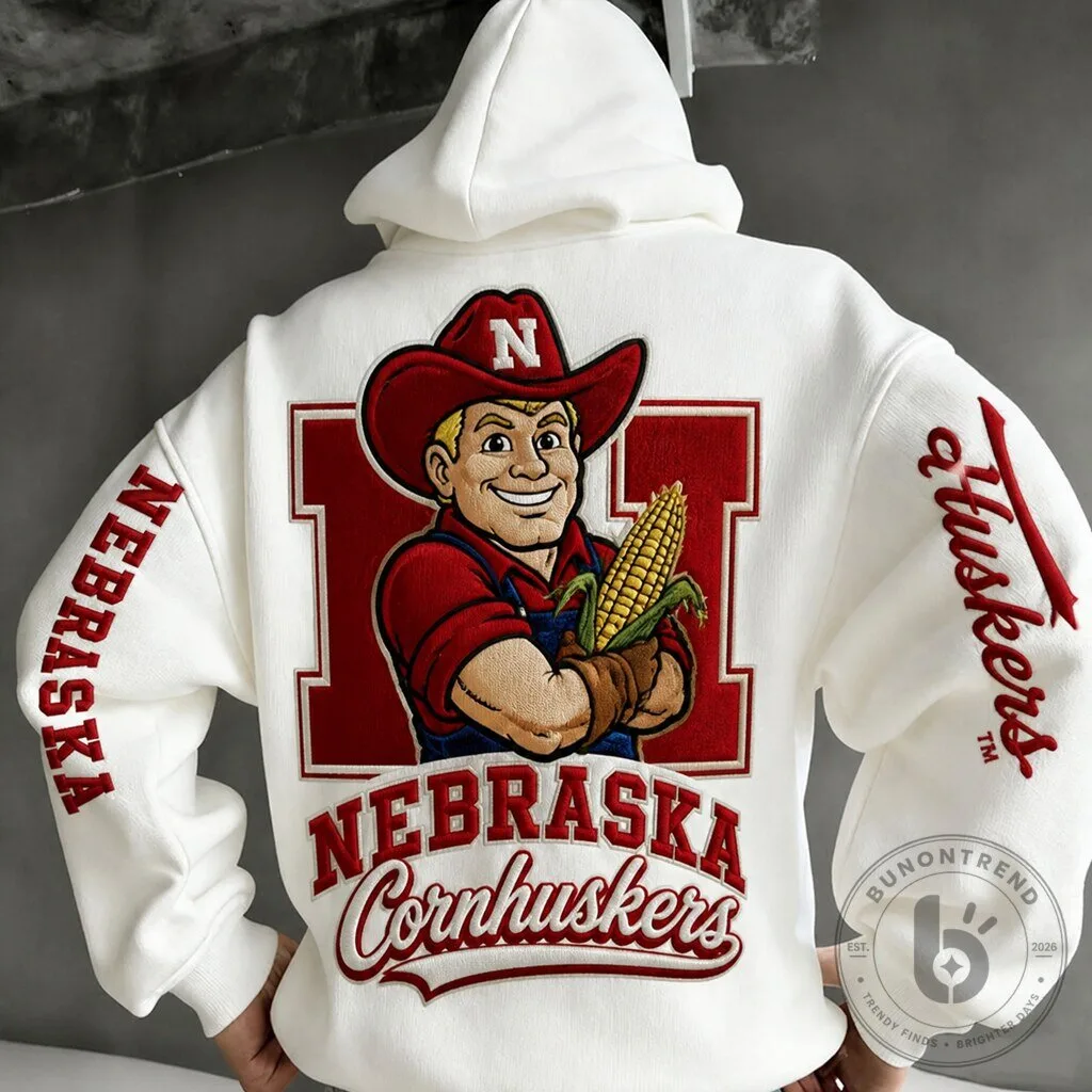 Nebraska Cornhuskers Mascot Herbie Husker Embroidered White Hoodie