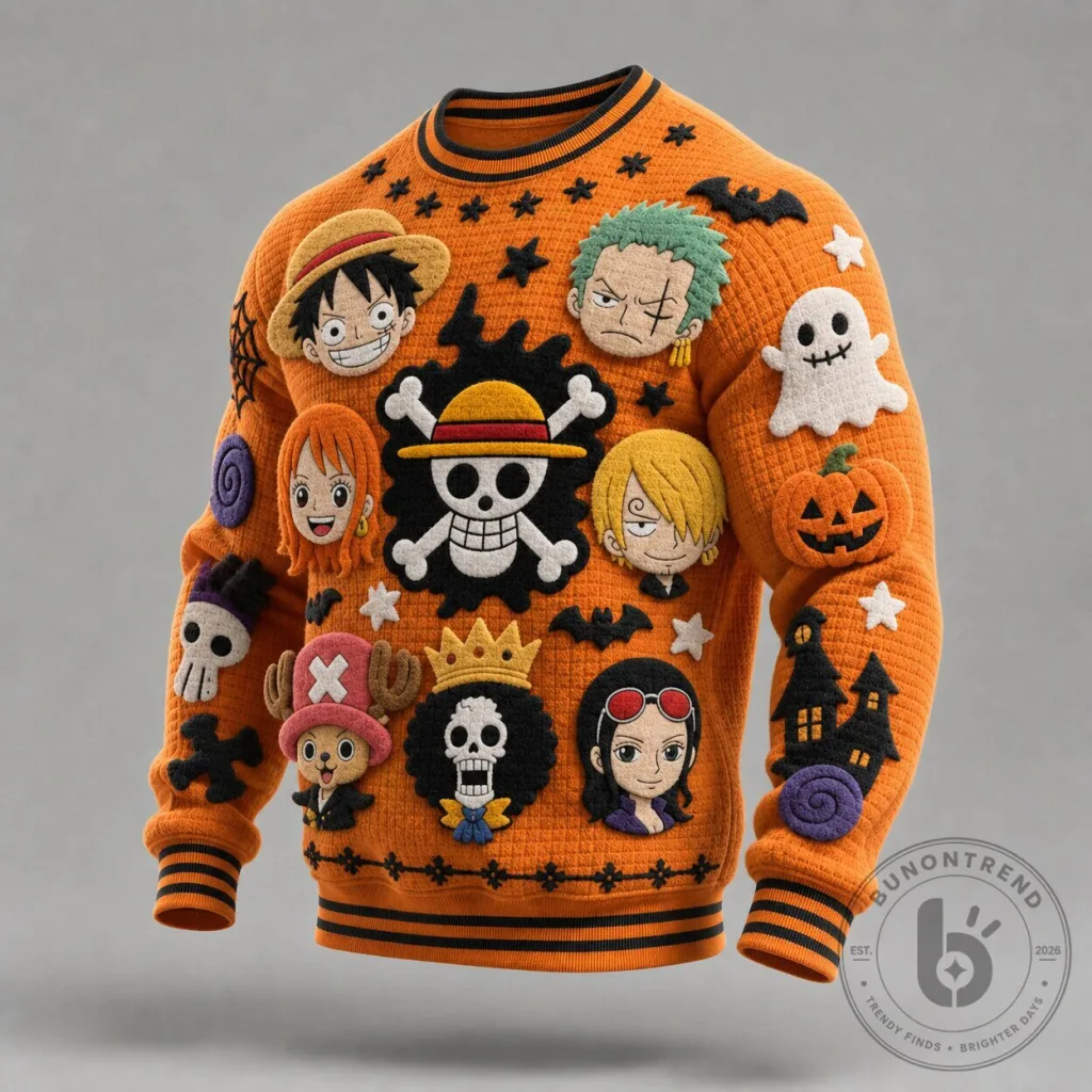 One Piece Halloween Straw Hat Pirates Embroidered Orange Knit Sweater One Piece Halloween Straw Hat Pirates Embroidered Orange Knit Sweater