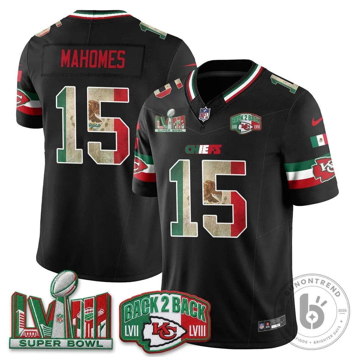 Kansas City Chiefs Mexico Edition Jersey for Super Bowl LVIII featuring Patrick Mahomes