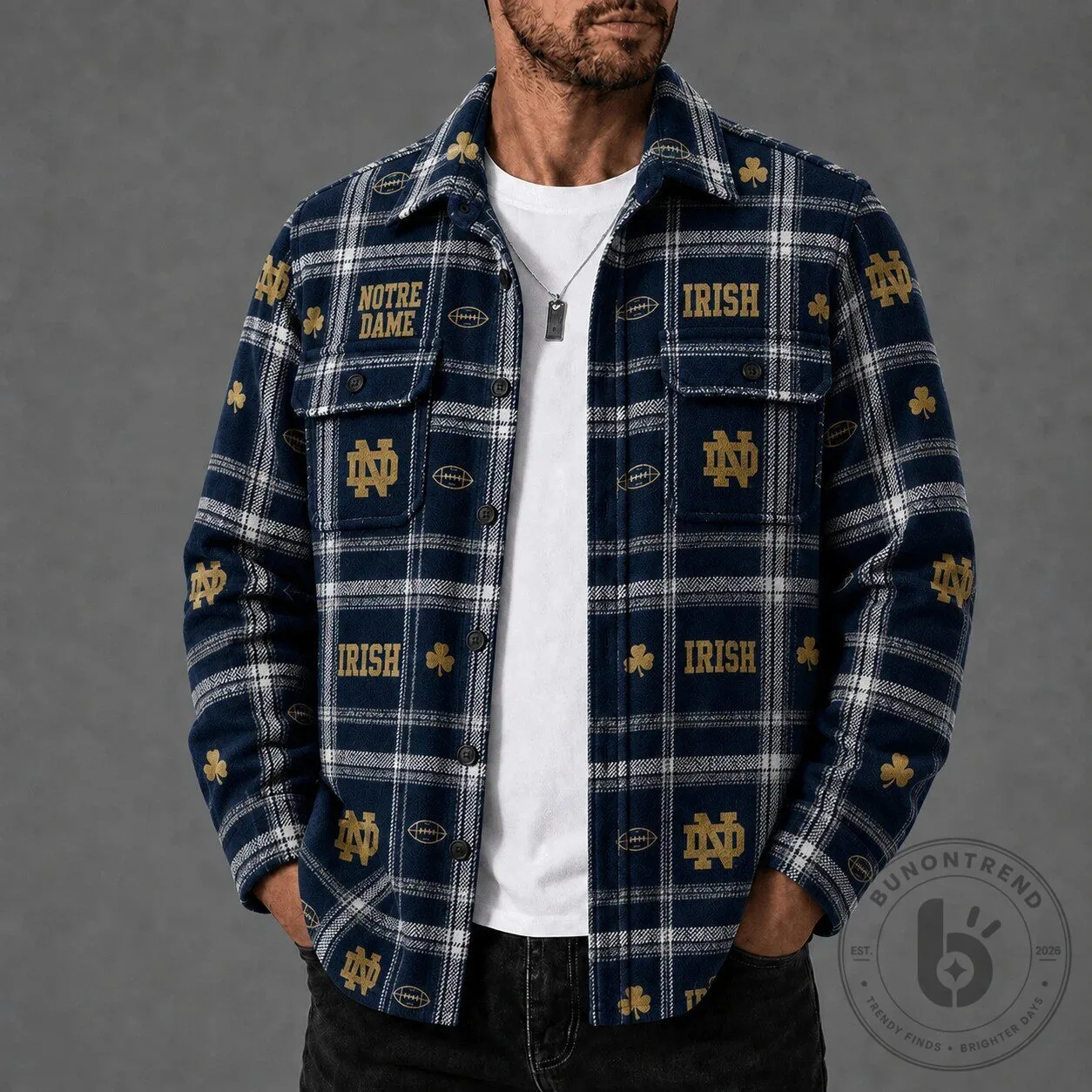 Notre Dame Fighting Irish Football Plaid Flannel Button Up Shirt