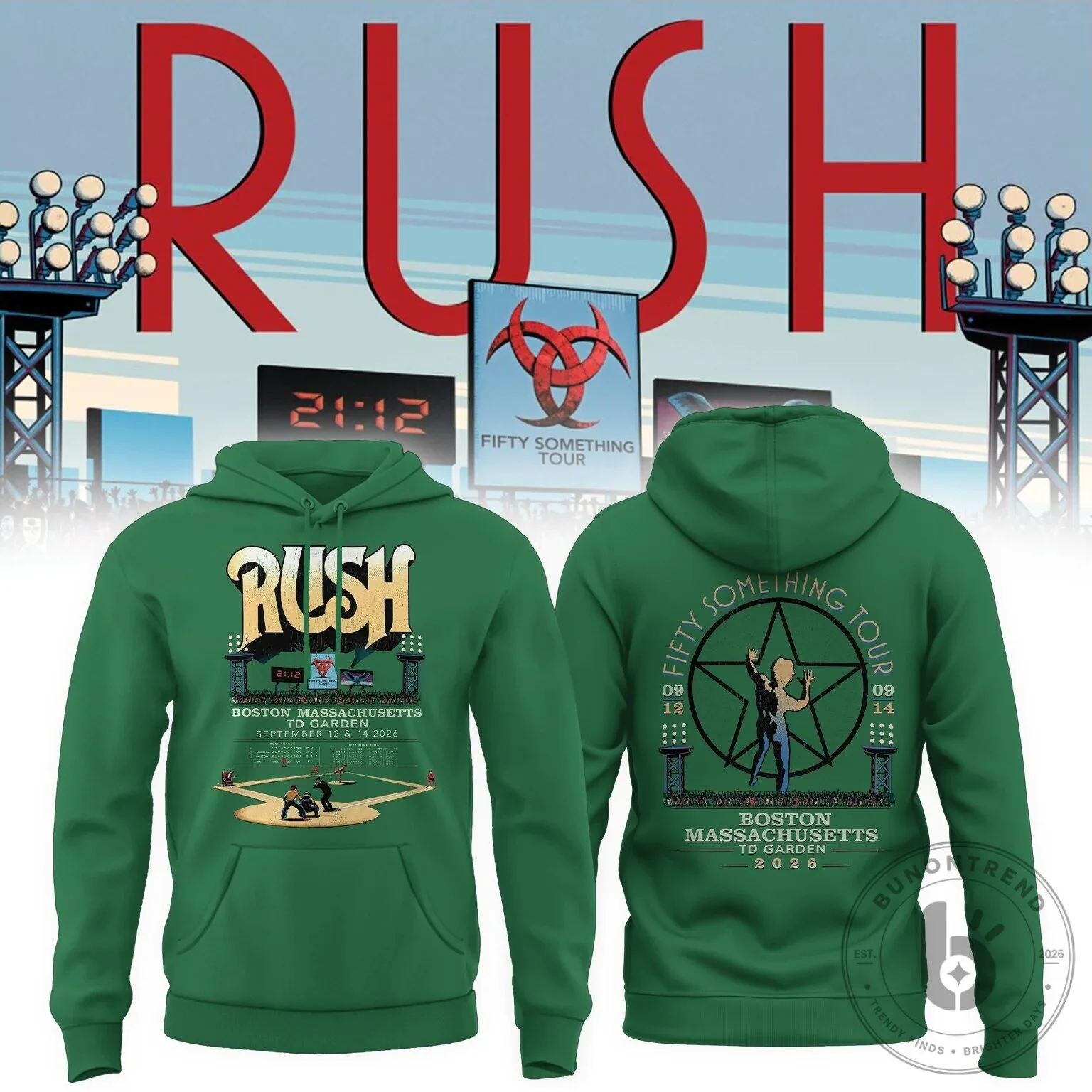 Rush Band Fifty Something Tour Boston Massachusetts Concert Green Hoodie