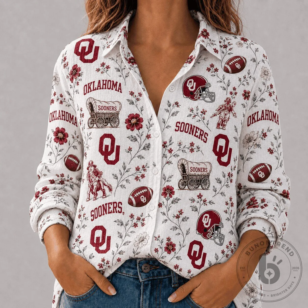 Oklahoma Sooners Floral Pattern NCAA Football Team Button Down Shirt