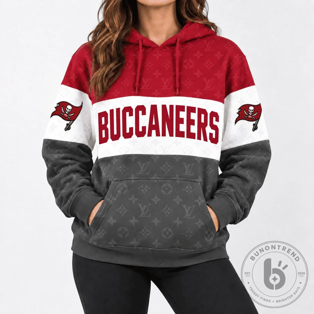 Tampa Bay Buccaneers NFL Football Team Red and Gray Monogram Hoodie