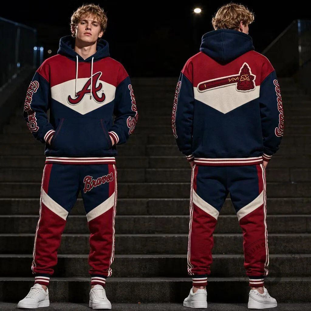 Atlanta Braves Baseball Team Red and Navy Blue Colorblock Hoodie and Sweatpants Set