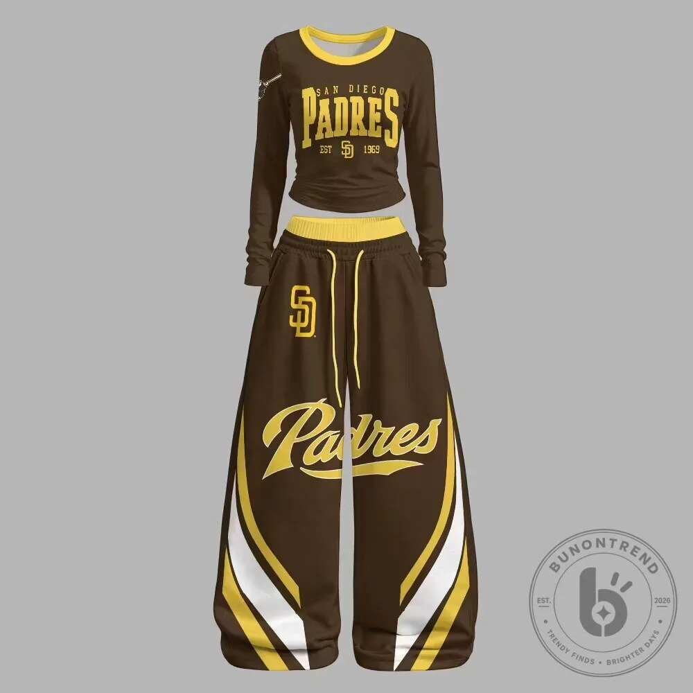San Diego Padres Baseball Team Logo Brown and Yellow Womens Long-Sleeve Shirt and Pants Set