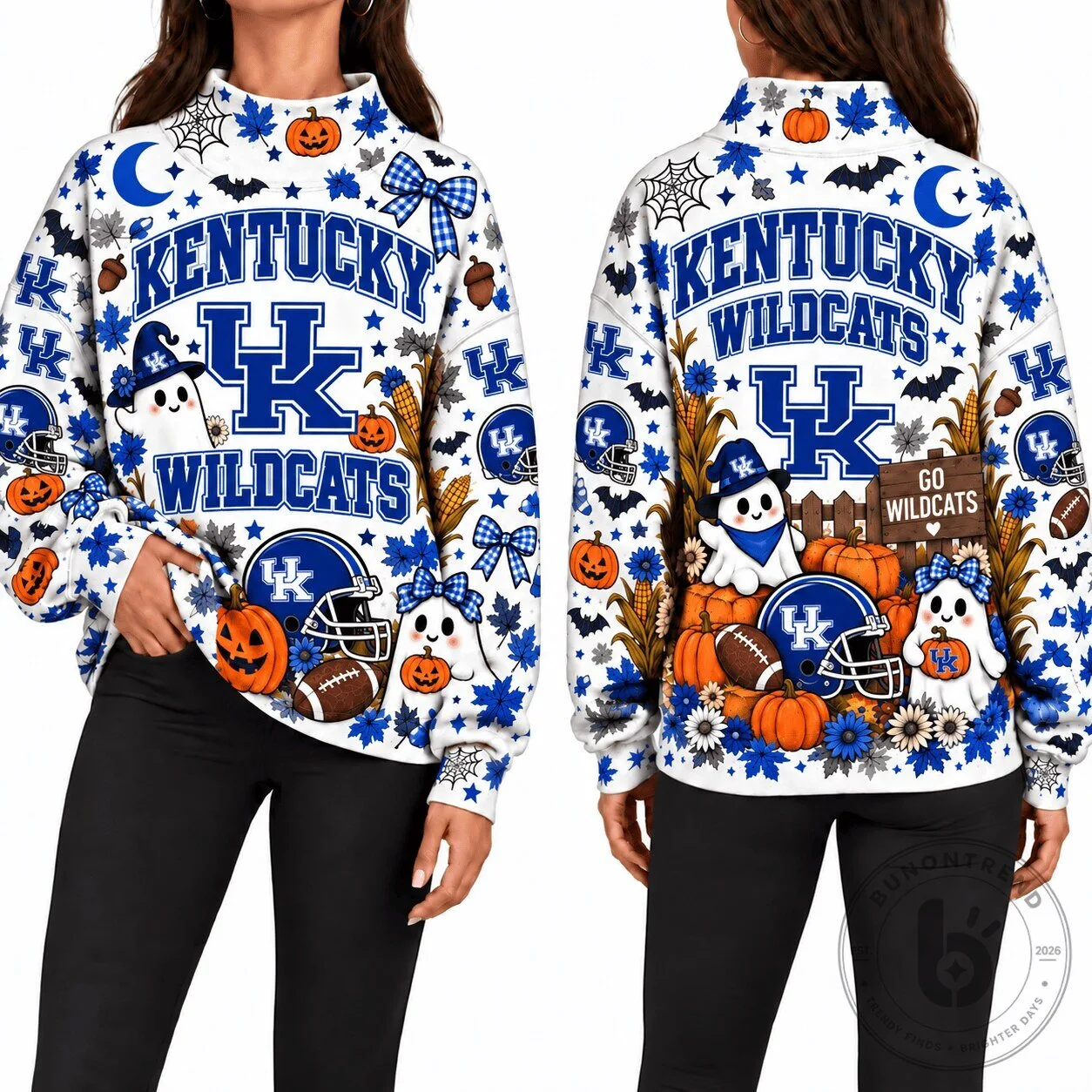 Kentucky Wildcats Halloween Ghost Pumpkin Pattern White Sweatshirt
