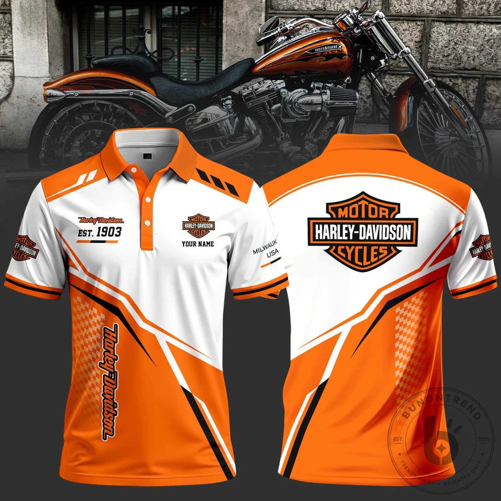 Harley-Davidson Motorcycle Enthusiast Custom Name Orange and White Polo Shirt