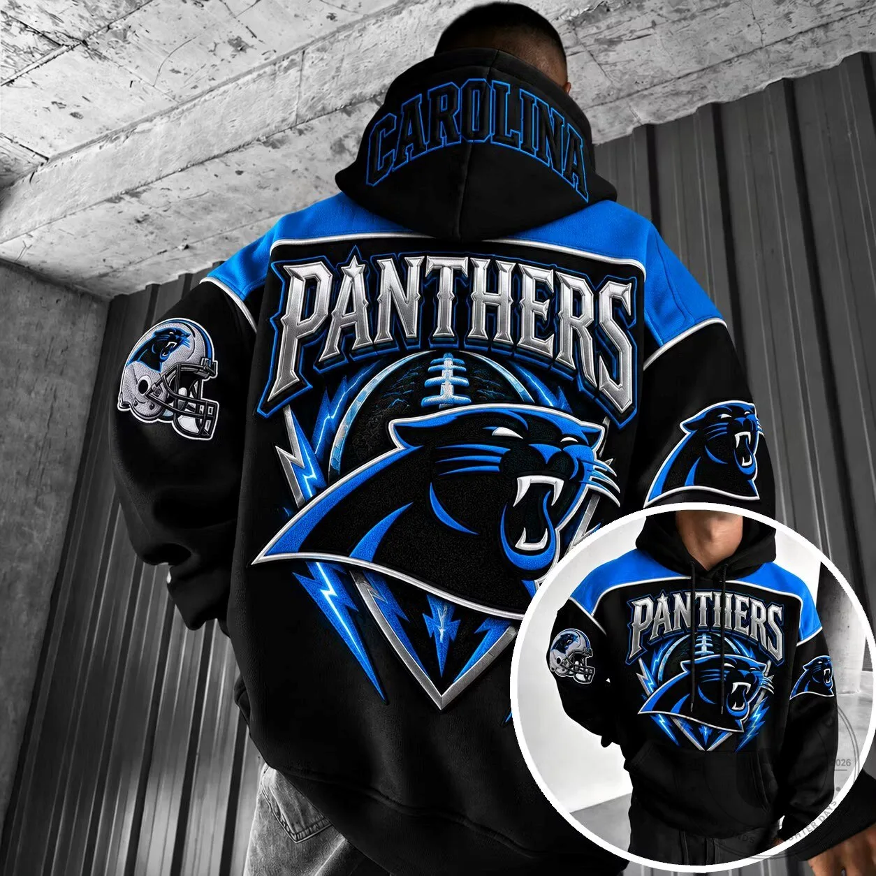 Black and Blue Hoodie featuring Carolina Panthers NFL Team Logo