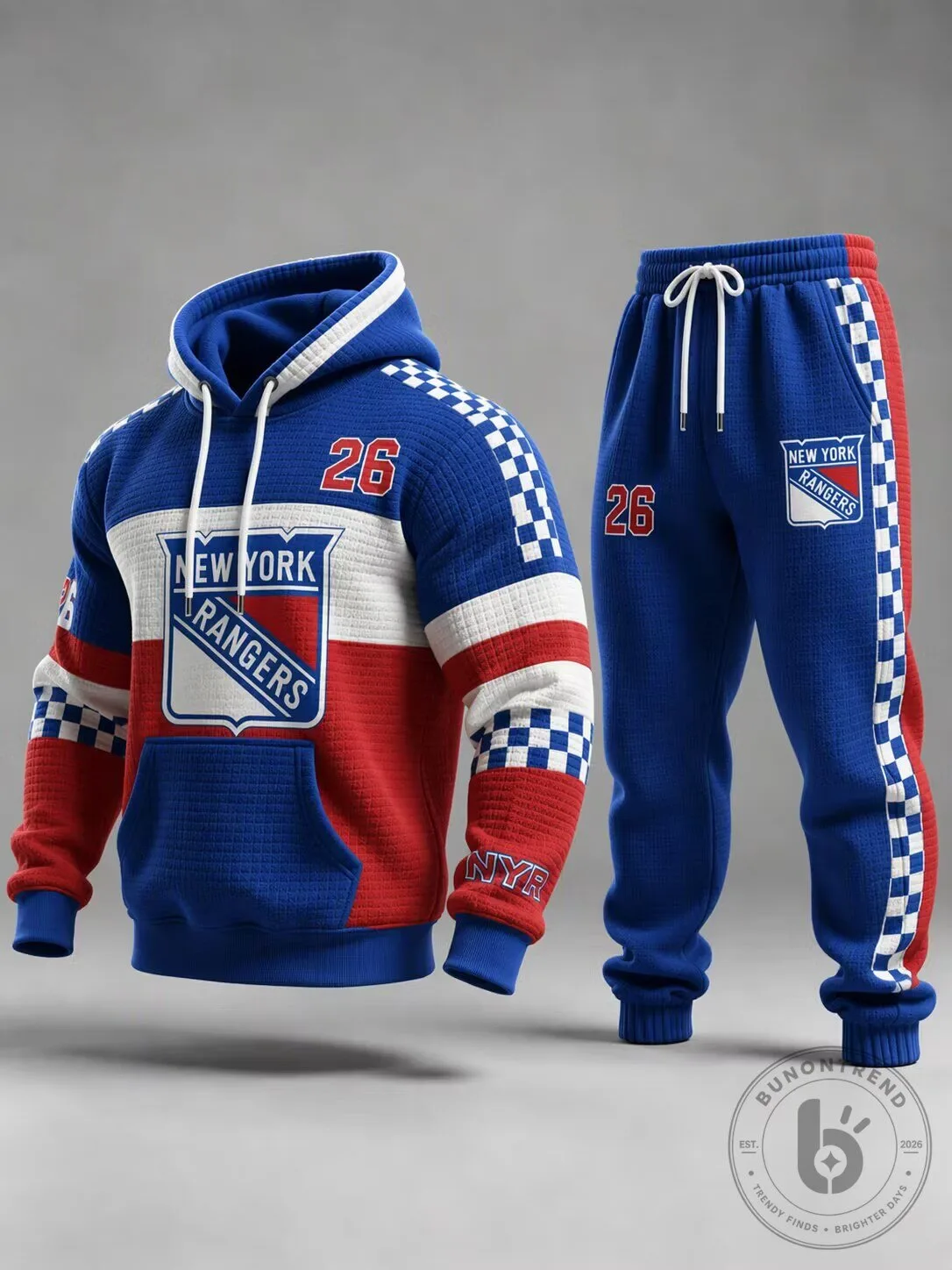 New York Rangers Hockey Team Number 26 Blue Red White Checkered Hoodie and Pants Set